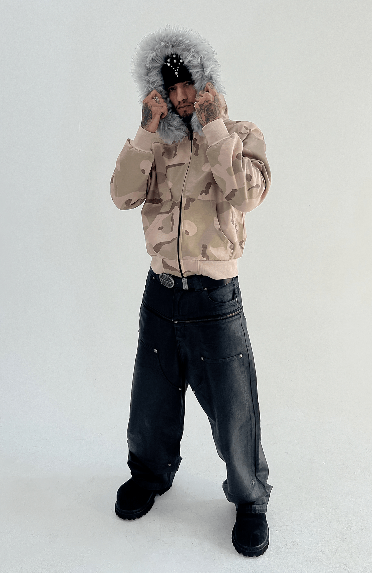 TECNINEGROUP Camo Waxed Faux Fur Hooded Jacket-Jacket-S-Free Shipping Leatheretro