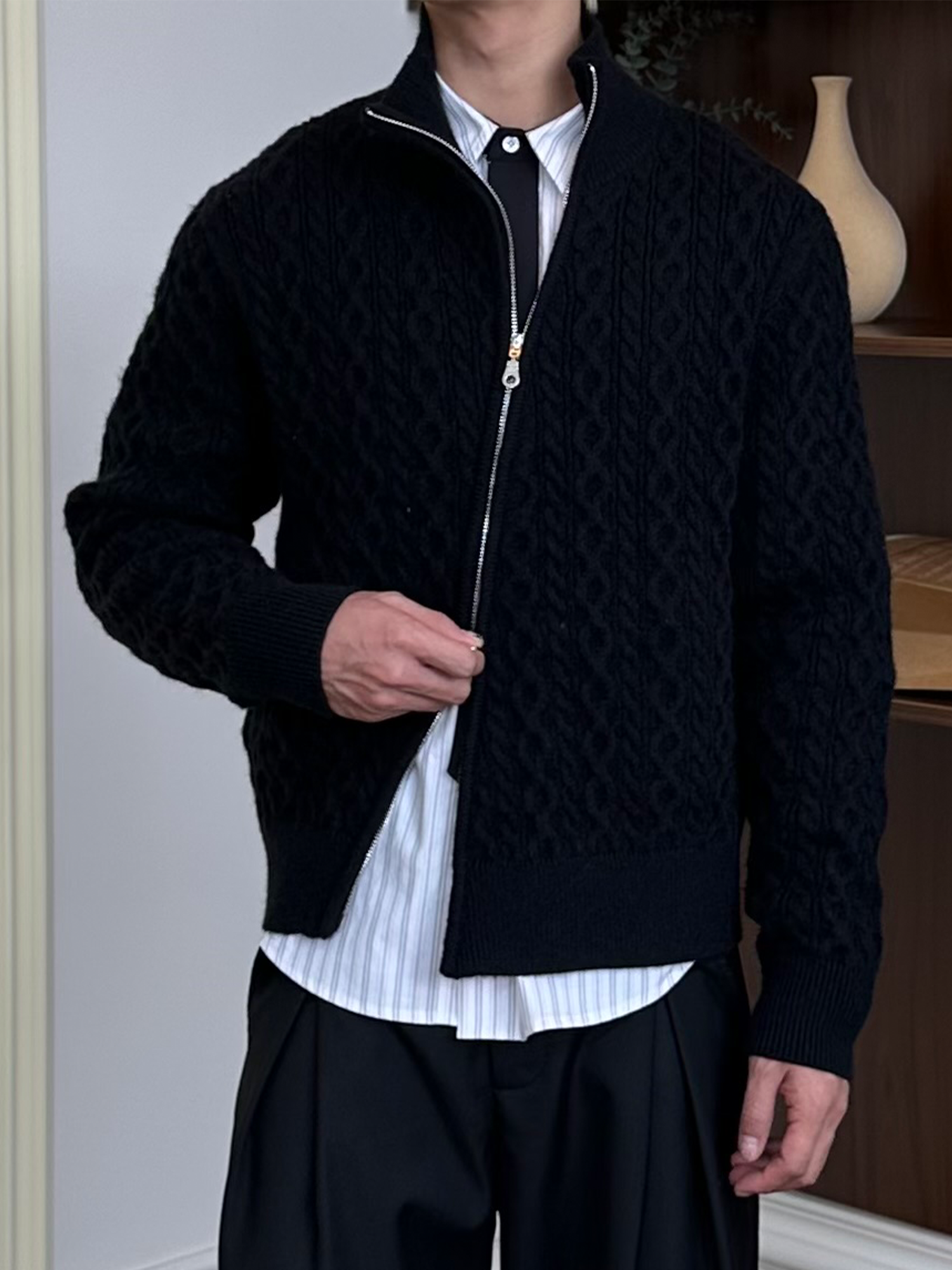 KREATE Asymmetrical Zip Cable-Knit Sweater-Jacket-S-Black-Free Shipping Leatheretro