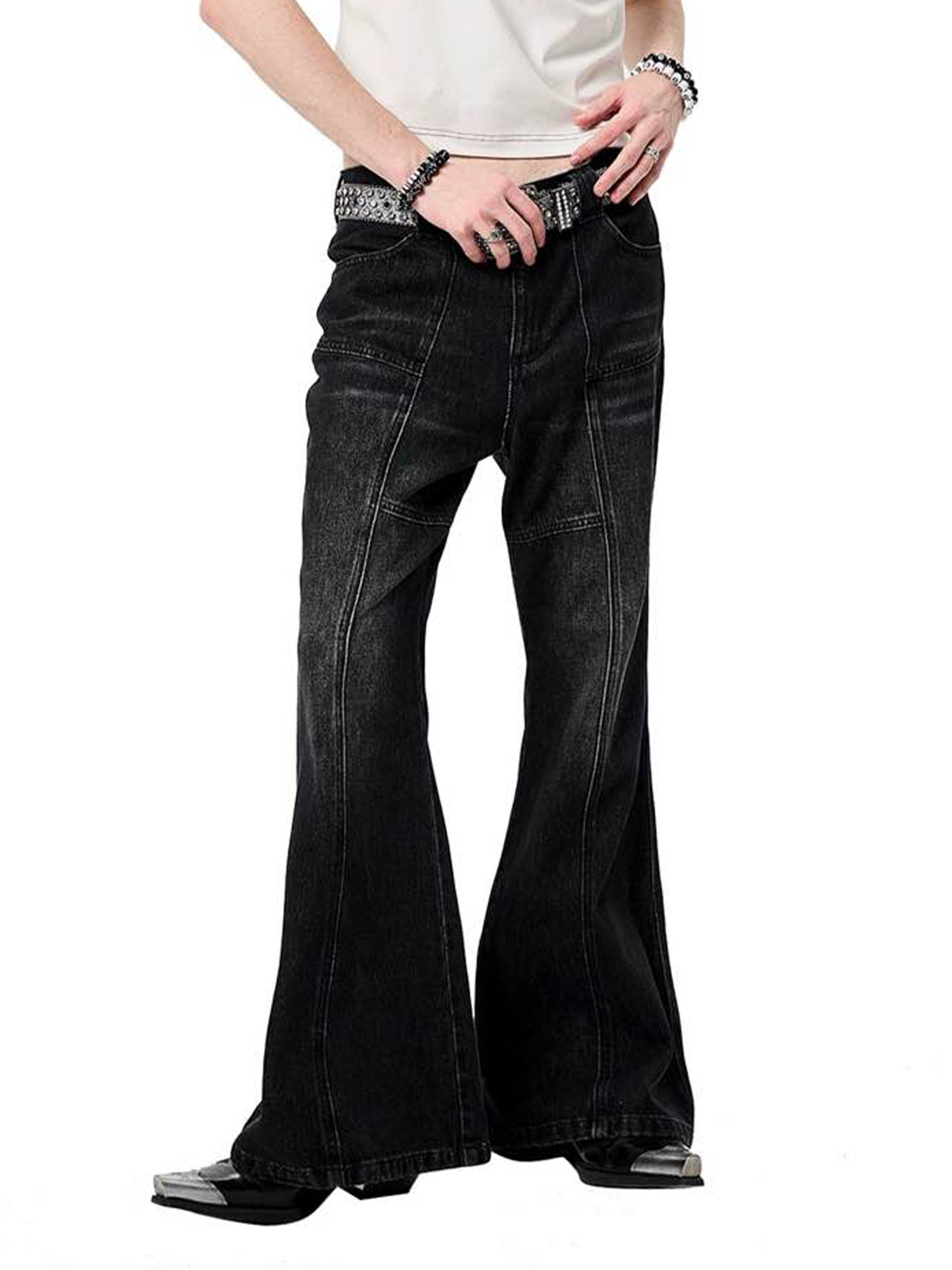 ERISSTOFF Washed Lace-Up Flared Jeans-Jeans-XS / 28"-Free Shipping Leatheretro