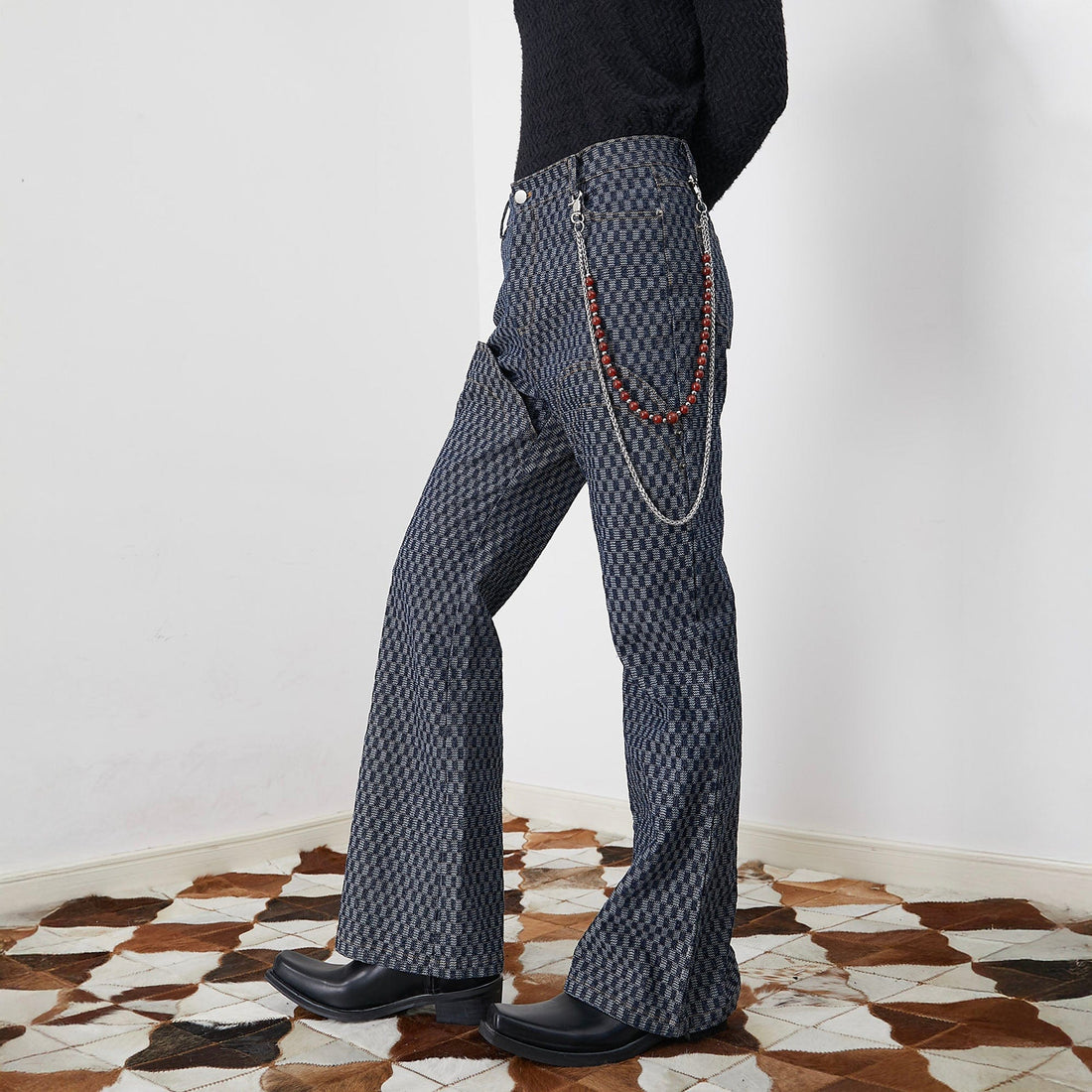 ASSEEN Checkerboard Knee Paneled Flared Jeans-Jeans-S-Free Shipping Leatheretro