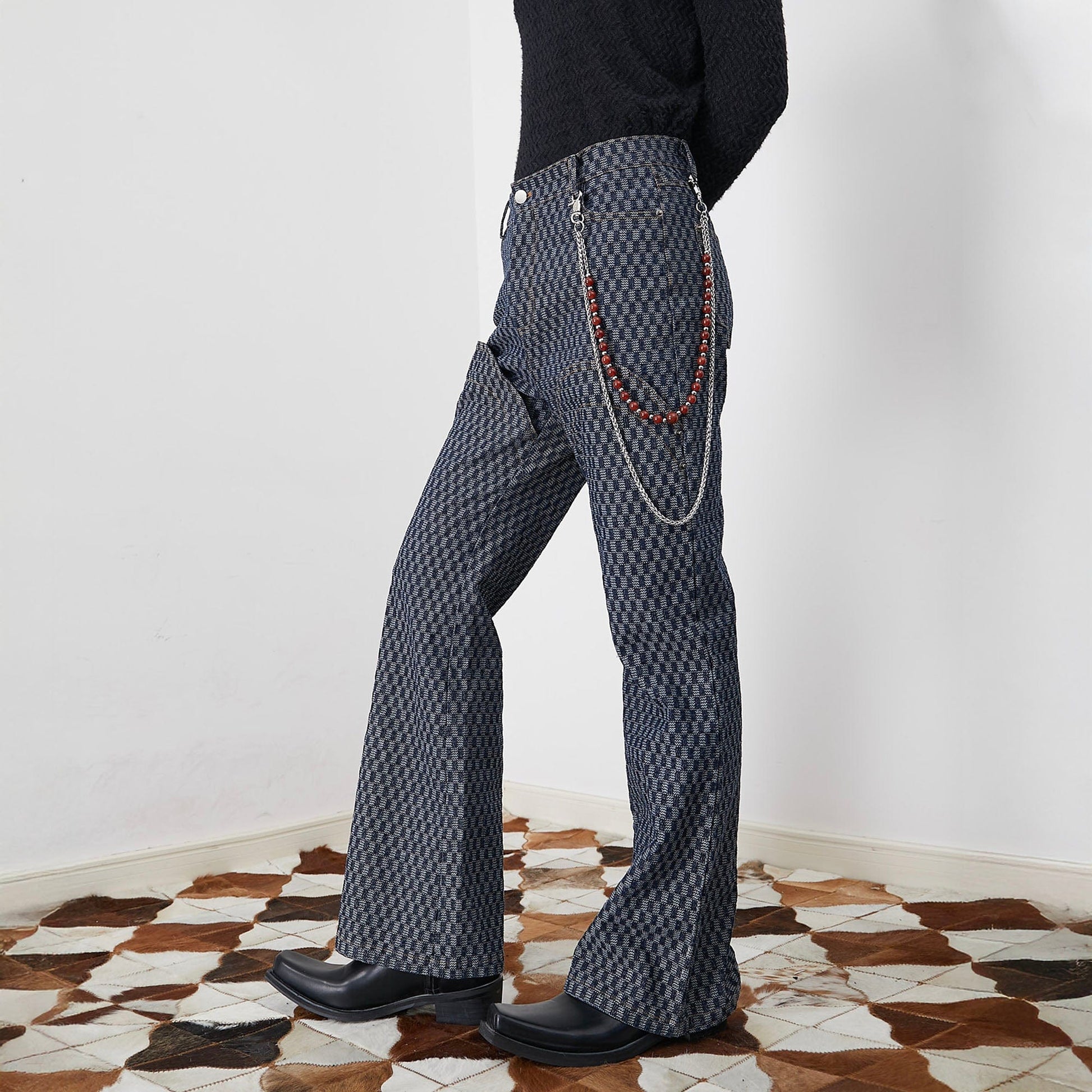 ASSEEN Checkerboard Knee Paneled Flared Jeans-Jeans-S-Free Shipping Leatheretro