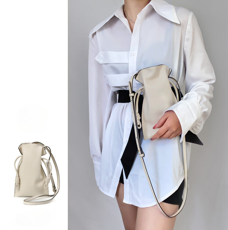 Adjustable Drawstring Bucket Bag Genuine Leather Shoulder Crossbody Tote Bags-Handbags-White-Free Shipping Leatheretro