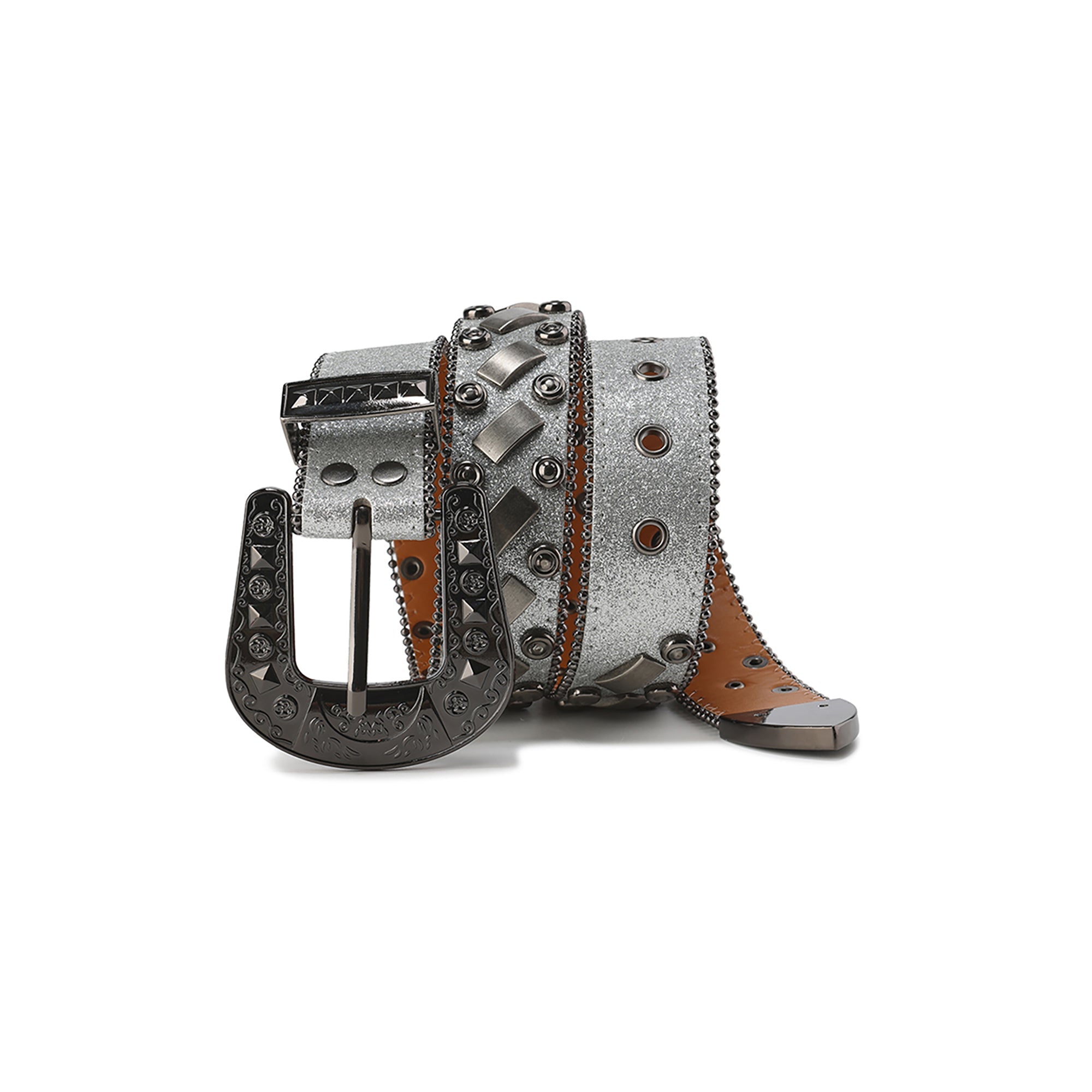 CYCYCY Bar Studded Filigree Leather Belt Gray-Accessories-One Size-Free Shipping Leatheretro