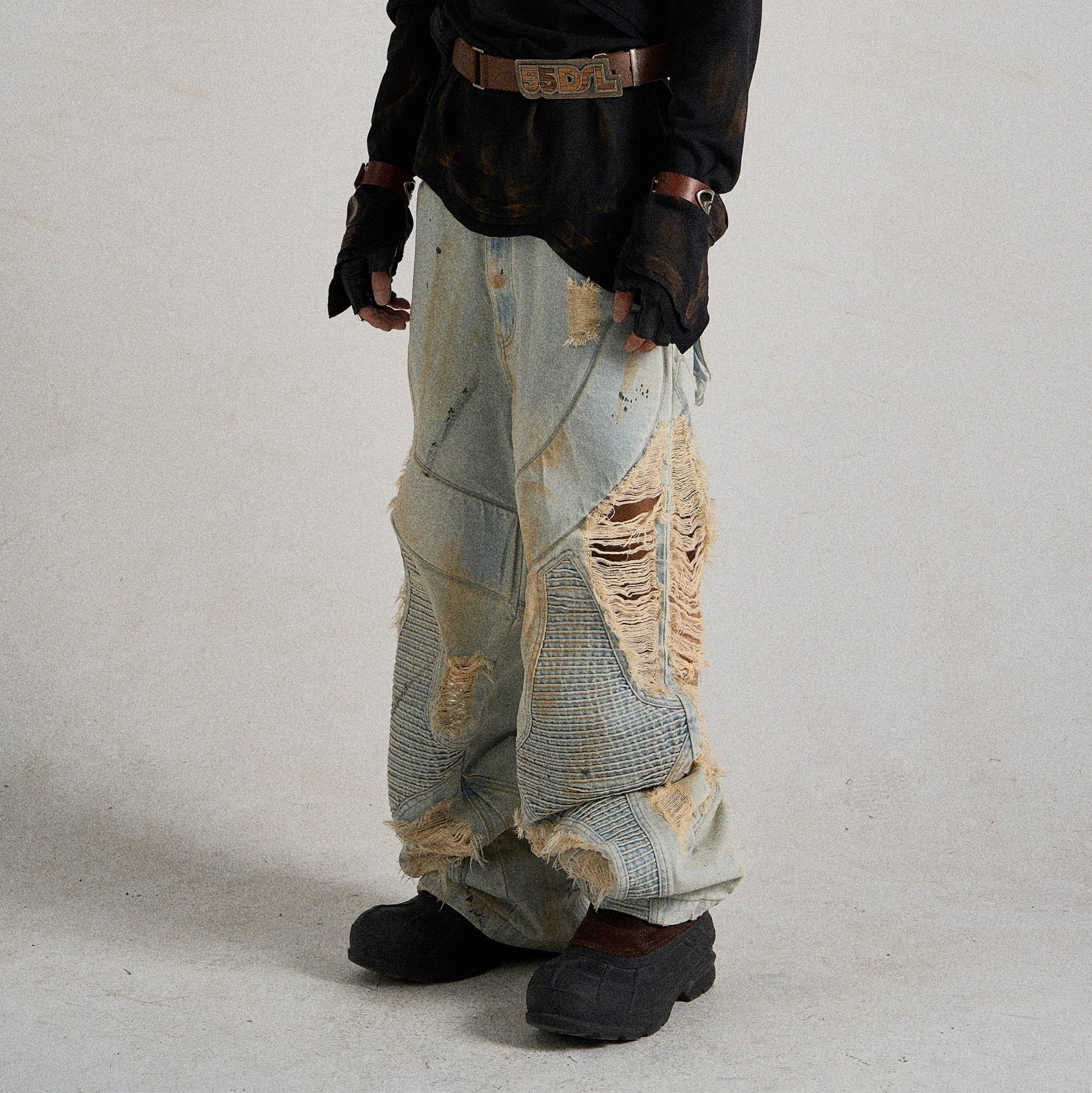 FLYERRER Paneled Heavily Ripped Fringe Jeans-Jeans-S-Free Shipping Leatheretro