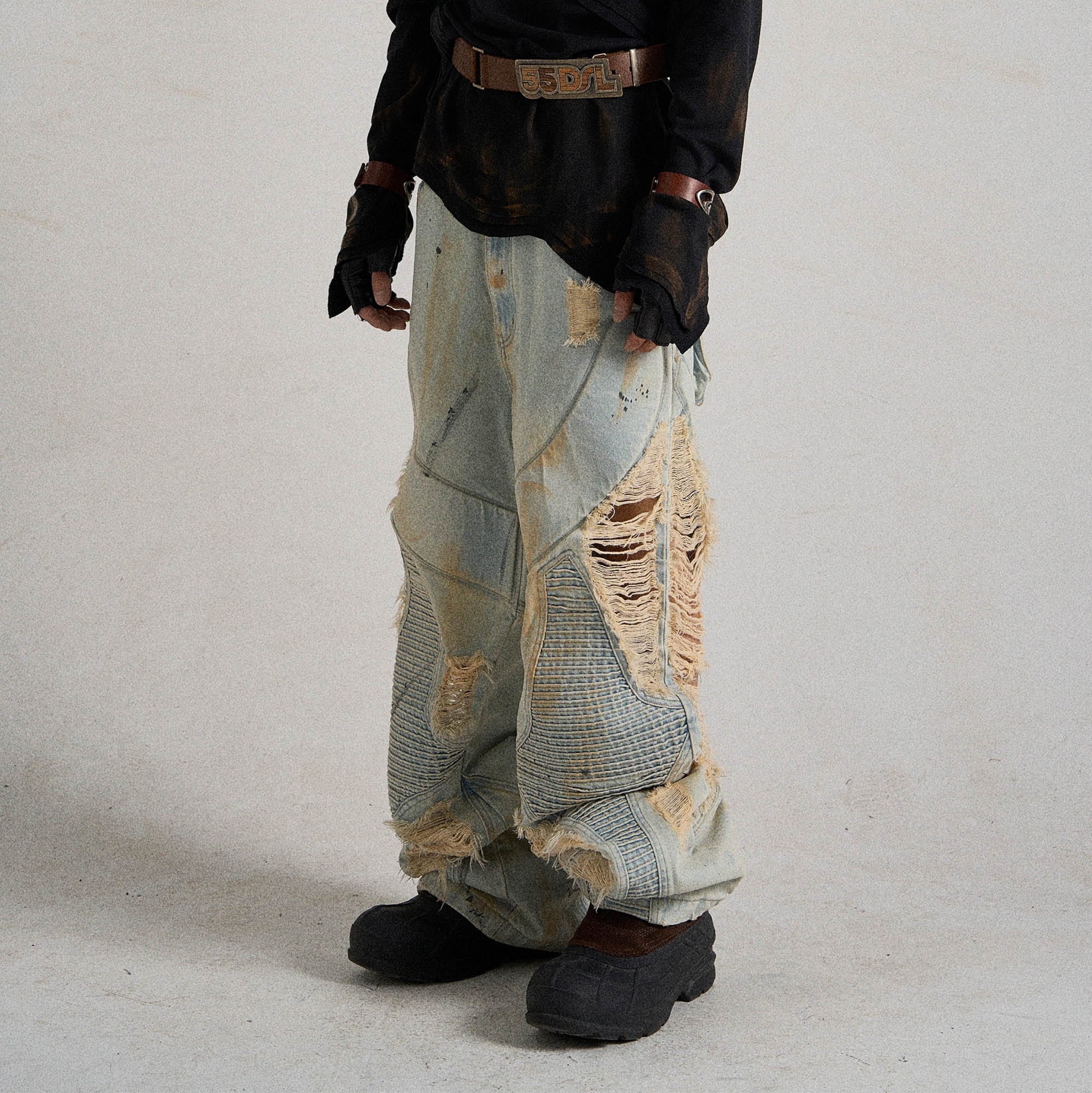 FLYERRER Paneled Heavily Ripped Fringe Jeans-Jeans-S-Free Shipping Leatheretro