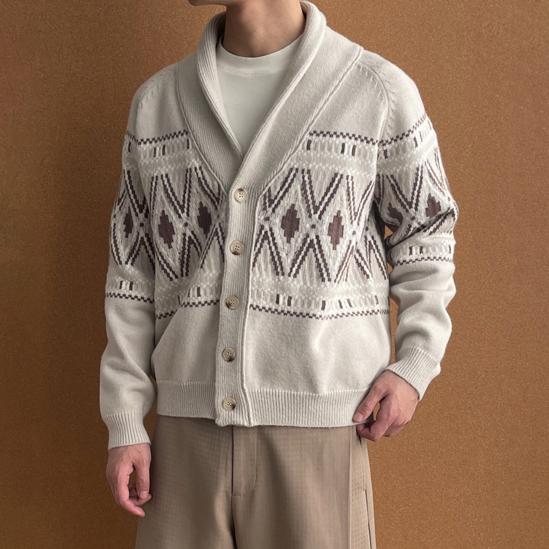 OKAYTHXBYE Fair Isle Shawl Collar Cardigan-Jacket-S (Preorder)-Beige-Free Shipping Leatheretro