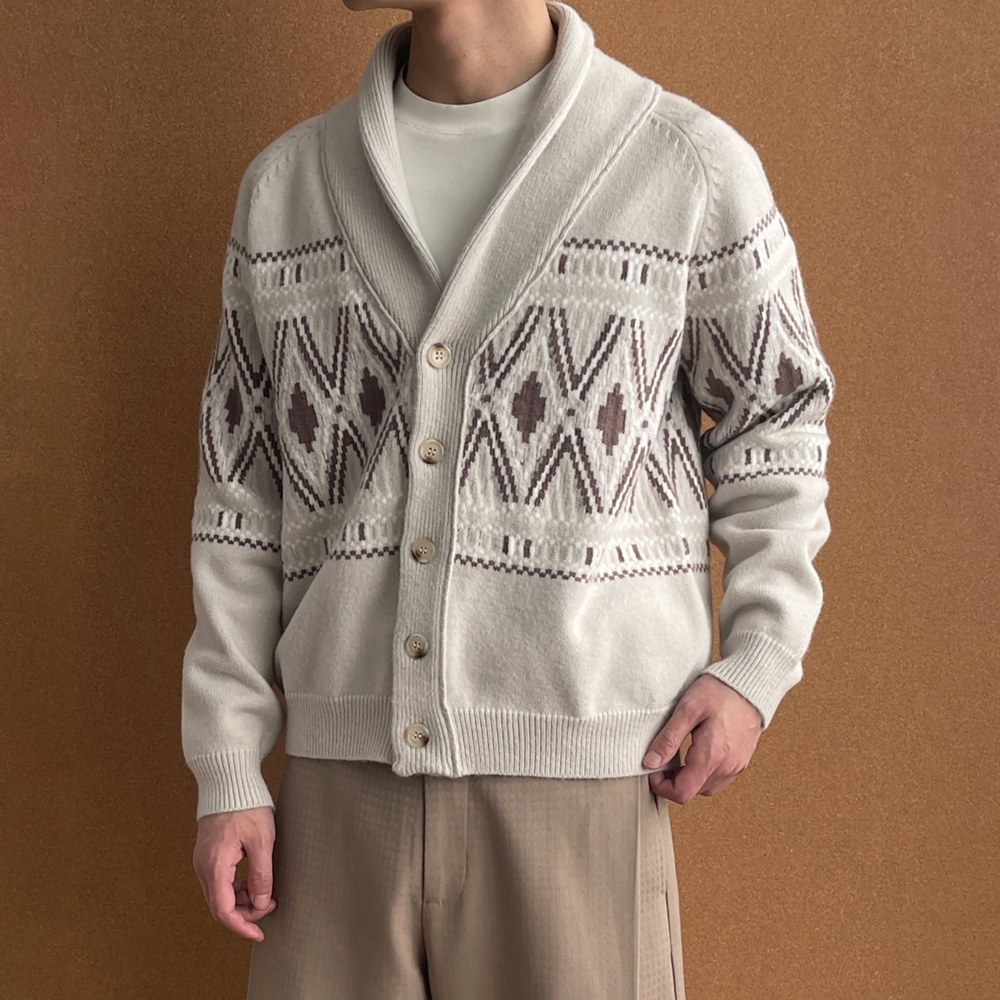 OKAYTHXBYE Fair Isle Shawl Collar Cardigan-Jacket-S (Preorder)-Beige-Free Shipping Leatheretro