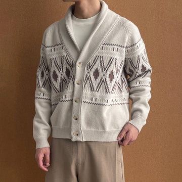 OKAYTHXBYE Fair Isle Shawl Collar Cardigan-Jacket-S (Preorder)-Beige-Free Shipping Leatheretro