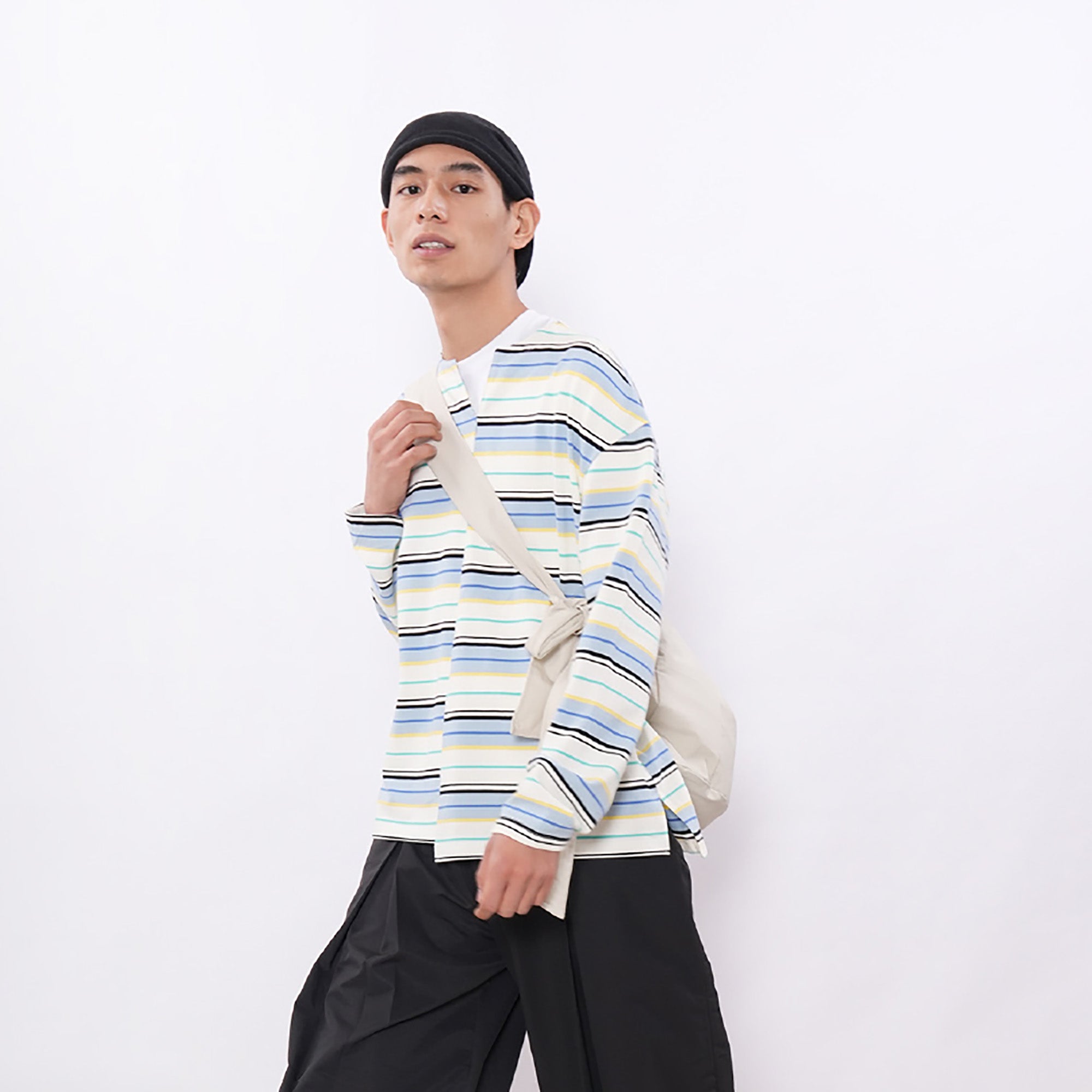 7440 37 1 Asymmetrical Stripe Panel Long Sleeve-L/S Tee-S (Preorder)-Blue and White-Free Shipping Leatheretro