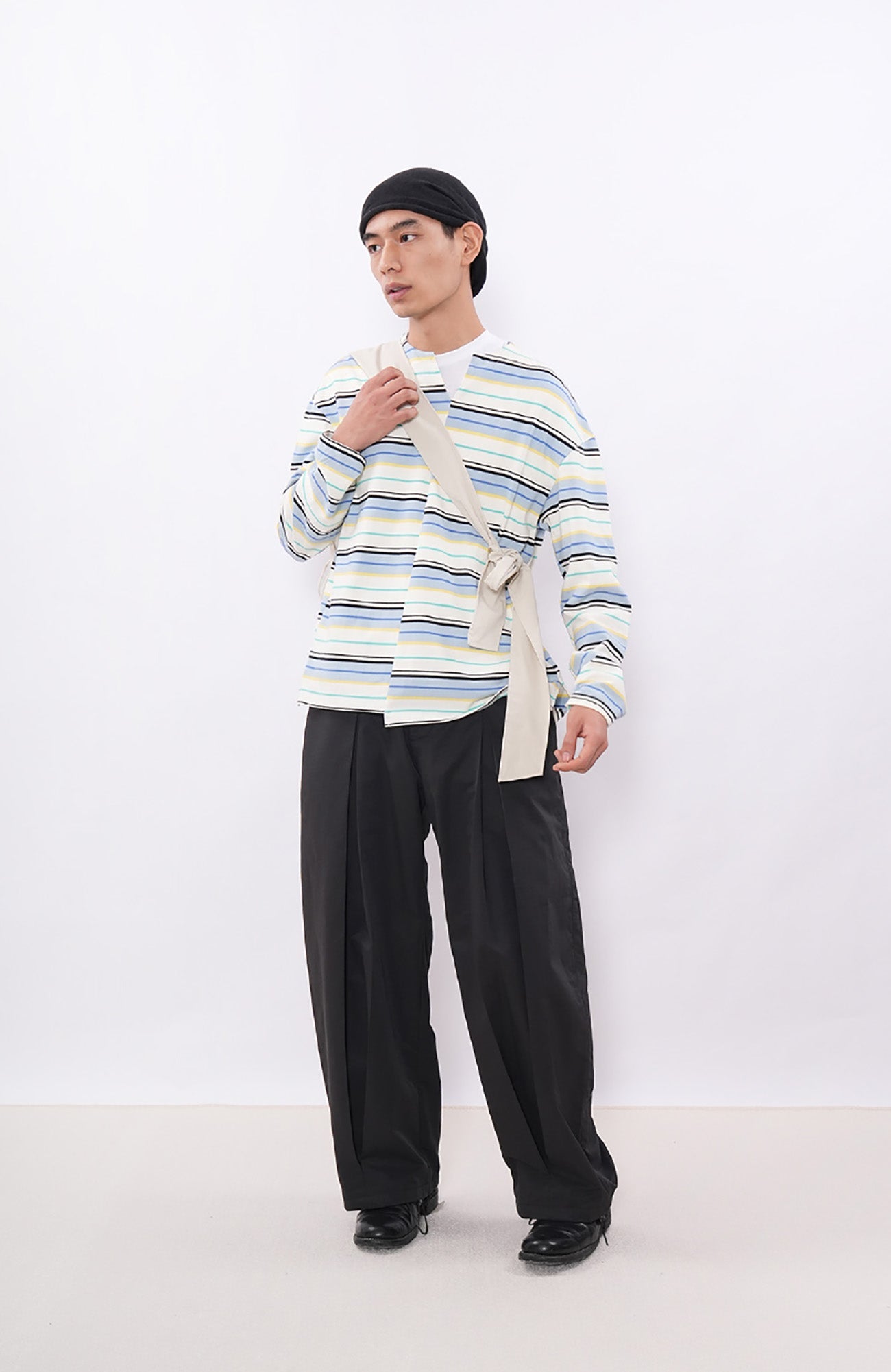 7440 37 1 Asymmetrical Stripe Panel Long Sleeve-L/S Tee-S (Preorder)-Blue and White-Free Shipping Leatheretro