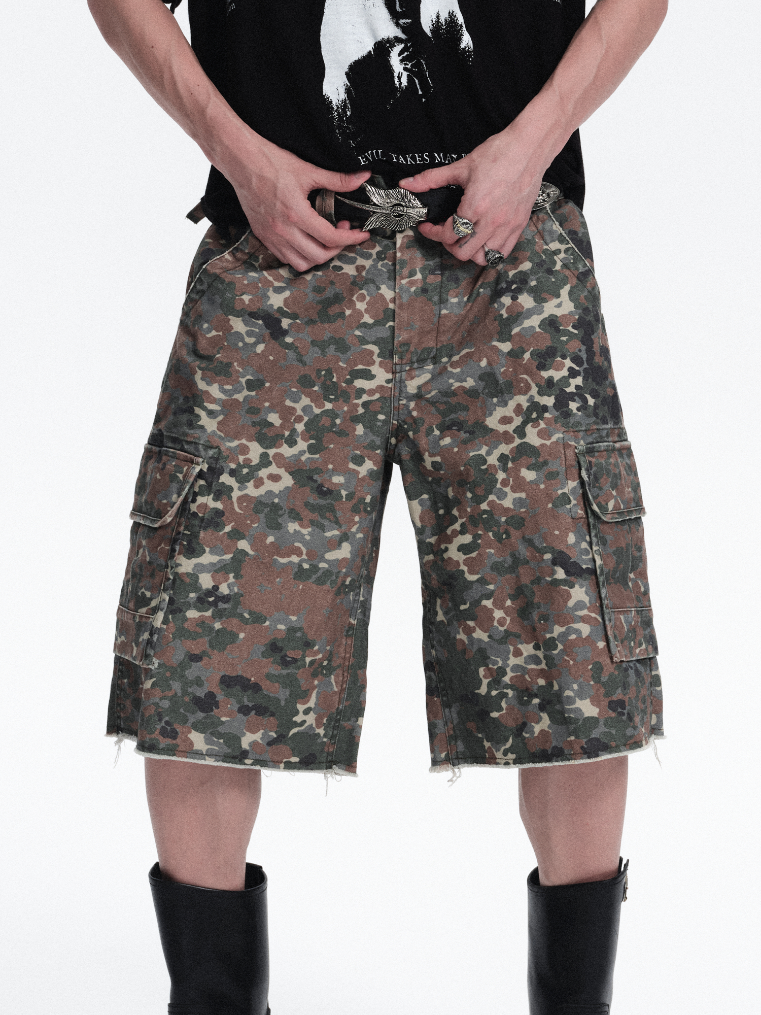 RICHILL Washed Camo Cargo Shorts-Shorts-S / 33"-Free Shipping Leatheretro