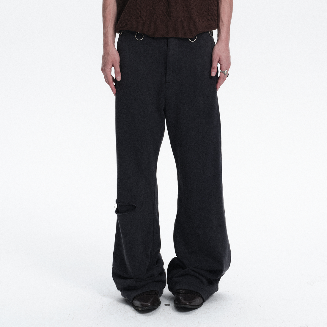 RICHILL Ring Detail Coin Button Distressed Pants-Pants-S / 31"-Free Shipping Leatheretro