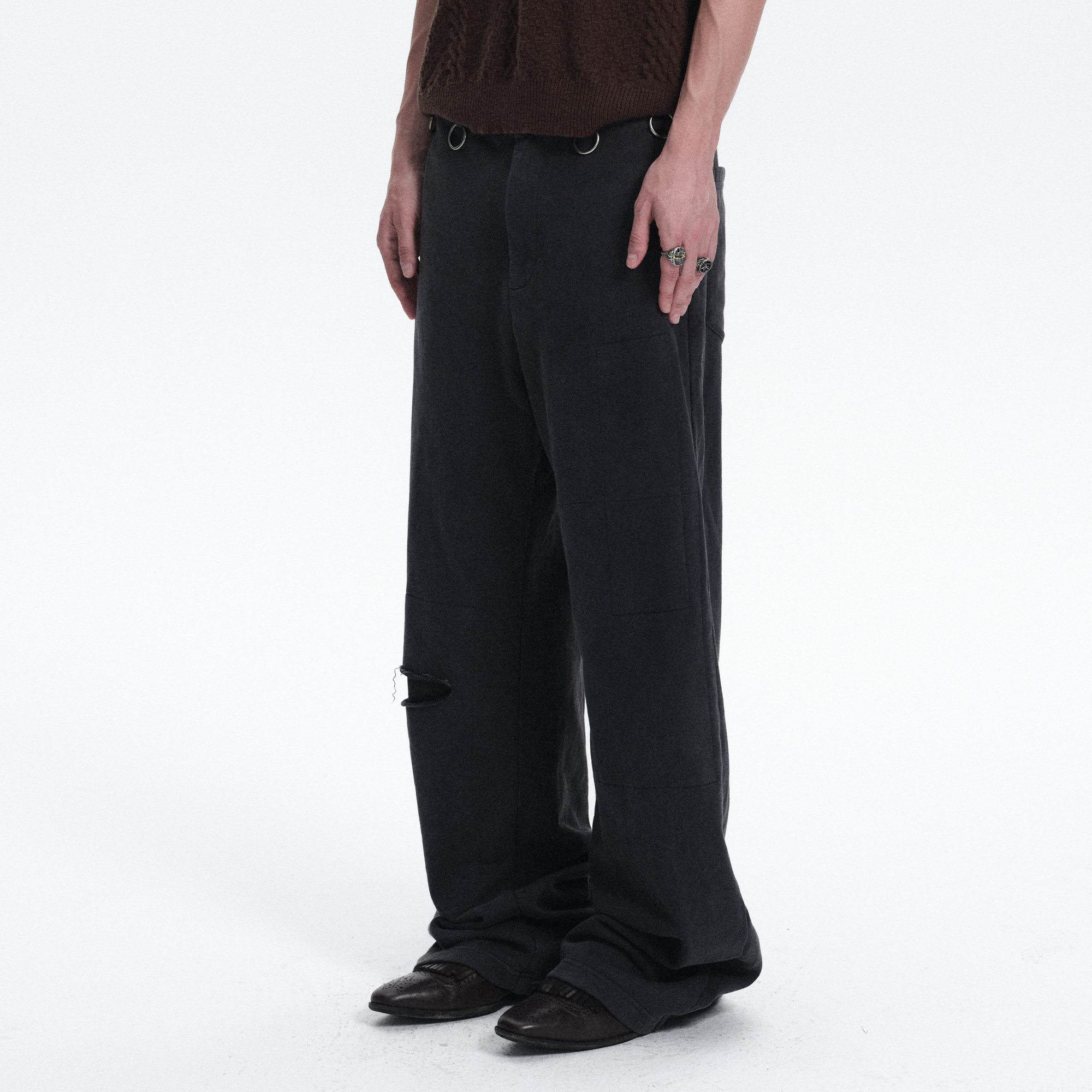 RICHILL Ring Detail Coin Button Distressed Pants-Pants-S / 31"-Free Shipping Leatheretro