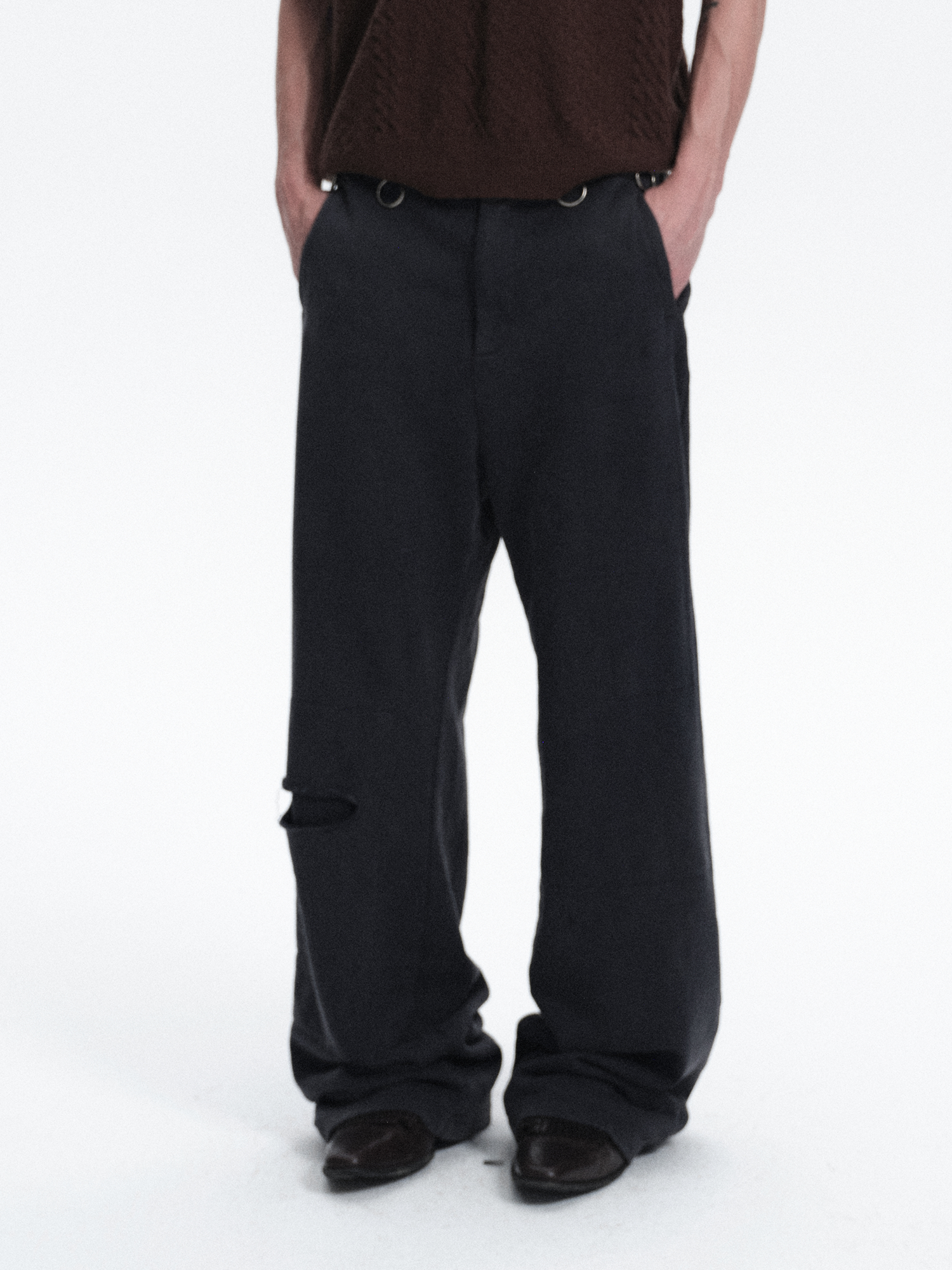 RICHILL Ring Detail Coin Button Distressed Pants-Pants-S / 31"-Free Shipping Leatheretro