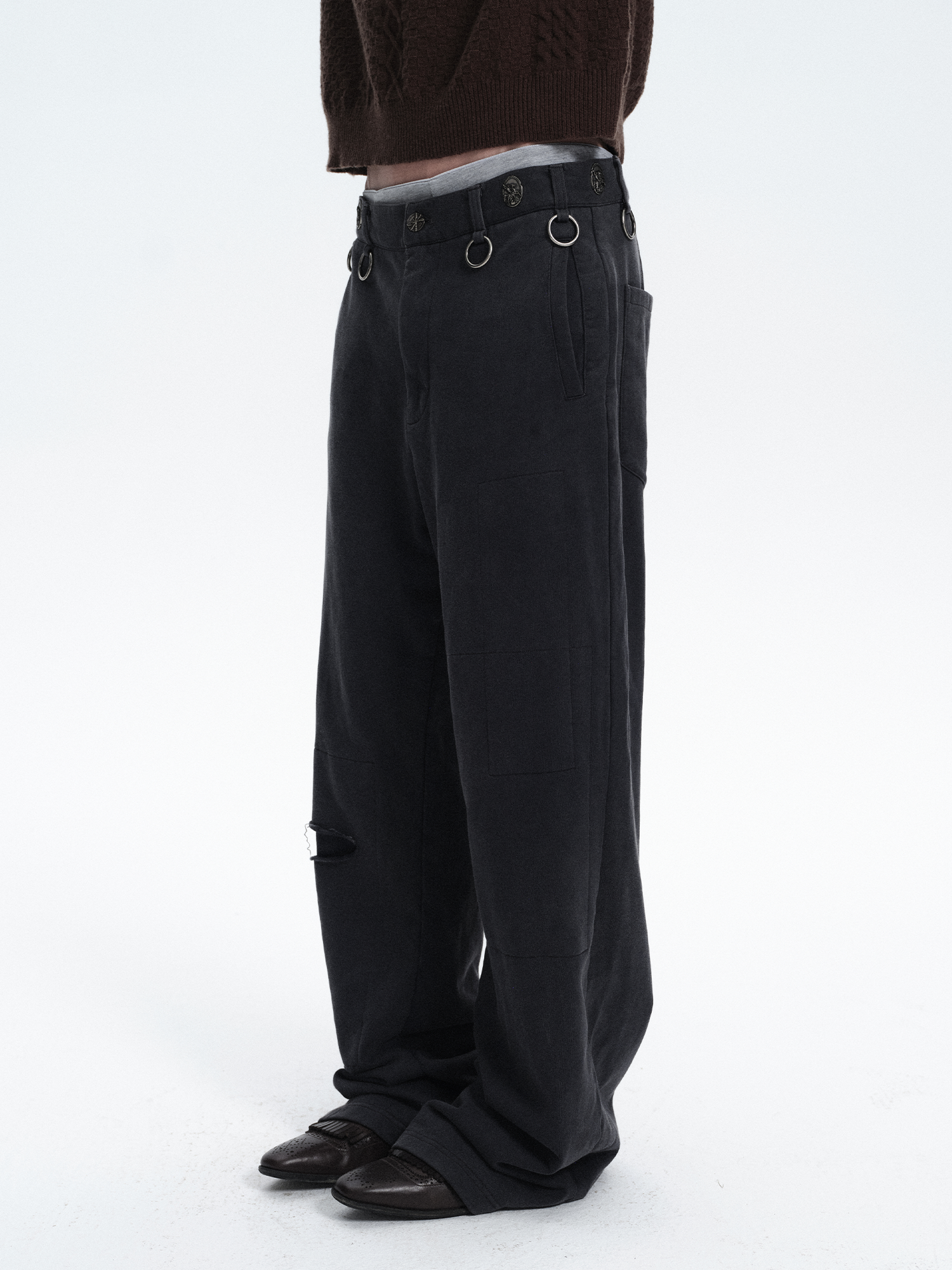 RICHILL Ring Detail Coin Button Distressed Pants-Pants-S / 31"-Free Shipping Leatheretro