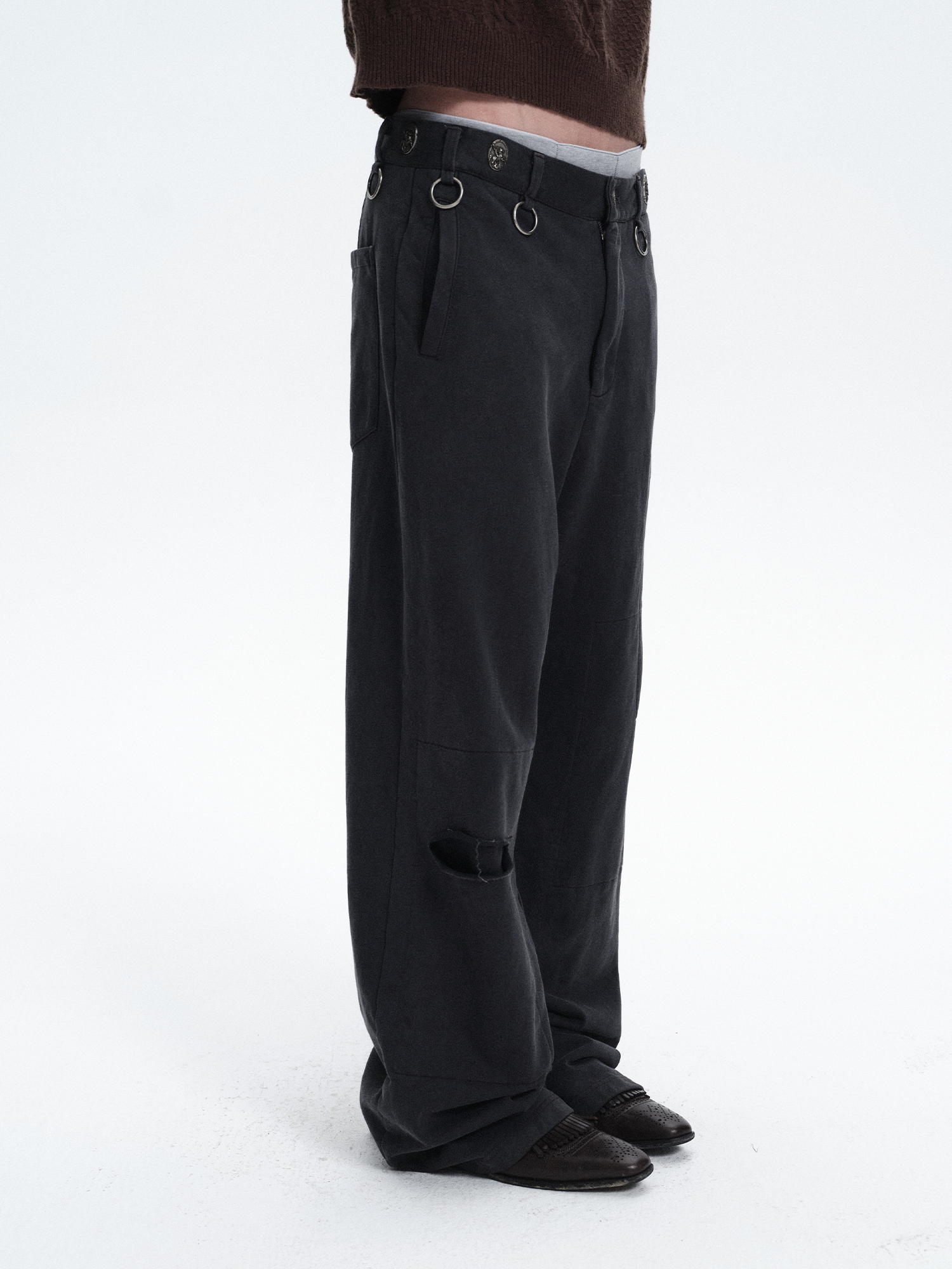 RICHILL Ring Detail Coin Button Distressed Pants-Pants-S / 31"-Free Shipping Leatheretro