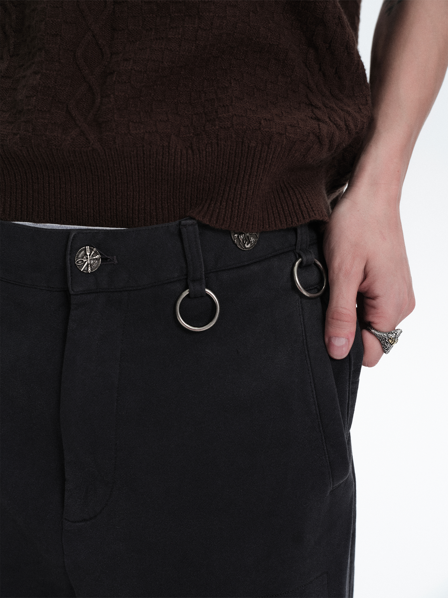 RICHILL Ring Detail Coin Button Distressed Pants-Pants-S / 31"-Free Shipping Leatheretro
