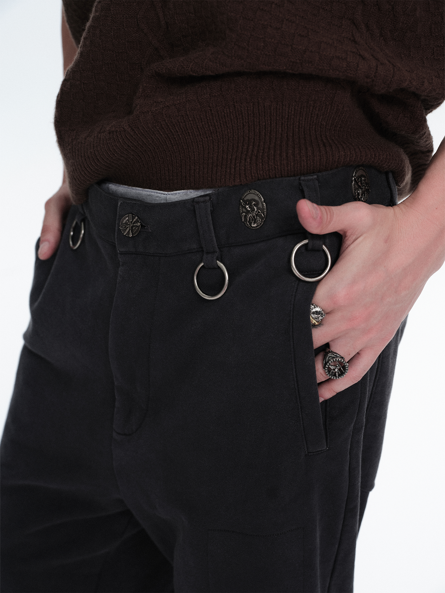 RICHILL Ring Detail Coin Button Distressed Pants-Pants-S / 31"-Free Shipping Leatheretro