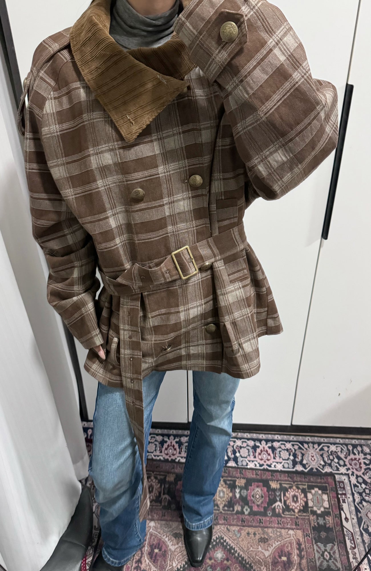 TRECLUB Retro Plaid Double-Breasted Trench Jacket-Jacket-S (Preorder)-Free Shipping Leatheretro