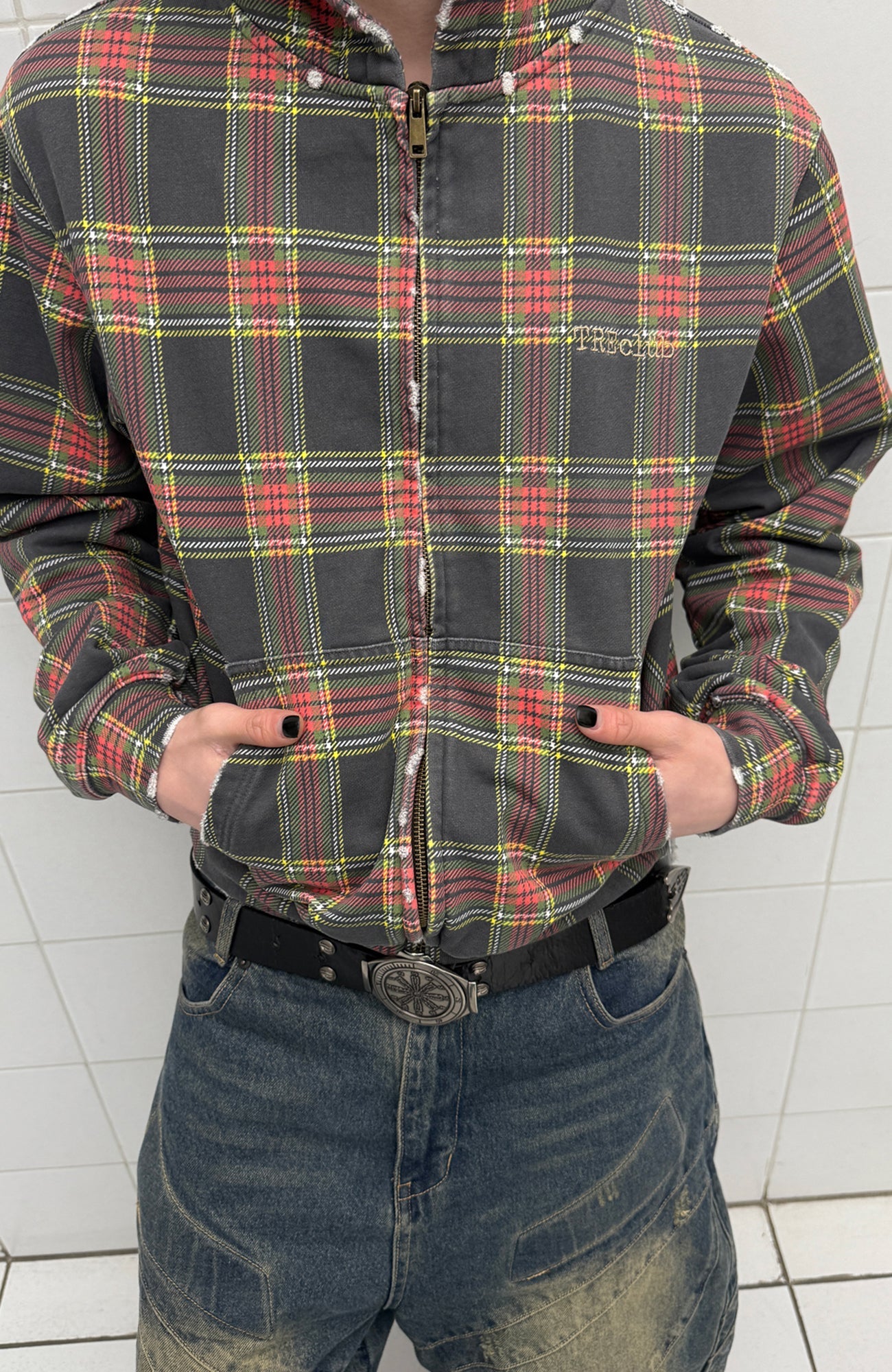 TRECLUB Distressed Plaid Zip-Up Hoodie-Jacket-S (Preorder)-Free Shipping Leatheretro
