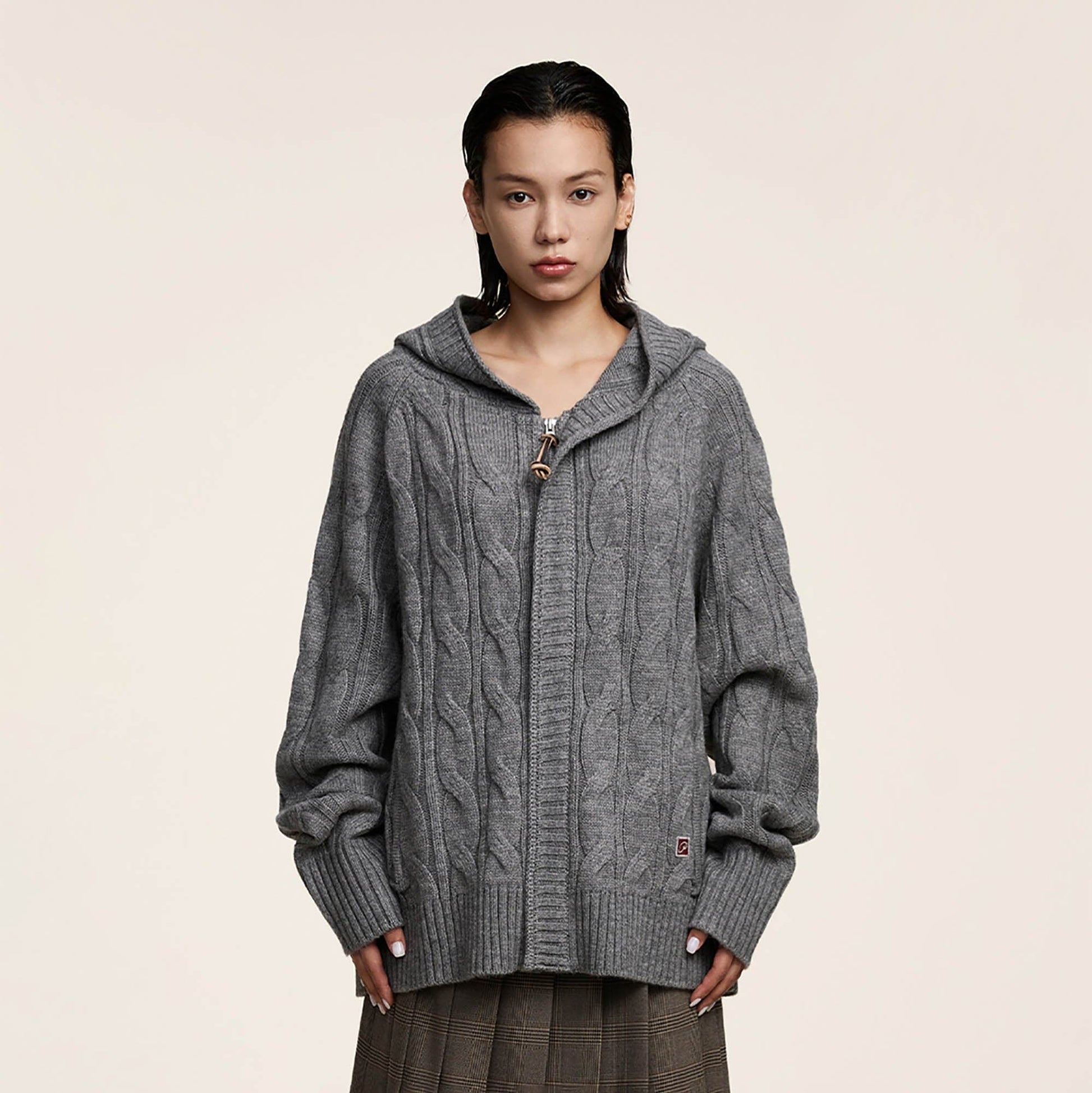 OPICLOTH Cable-Knit Zip-Up Hooded Cardigan-Jacket-XS-Grey-Free Shipping Leatheretro