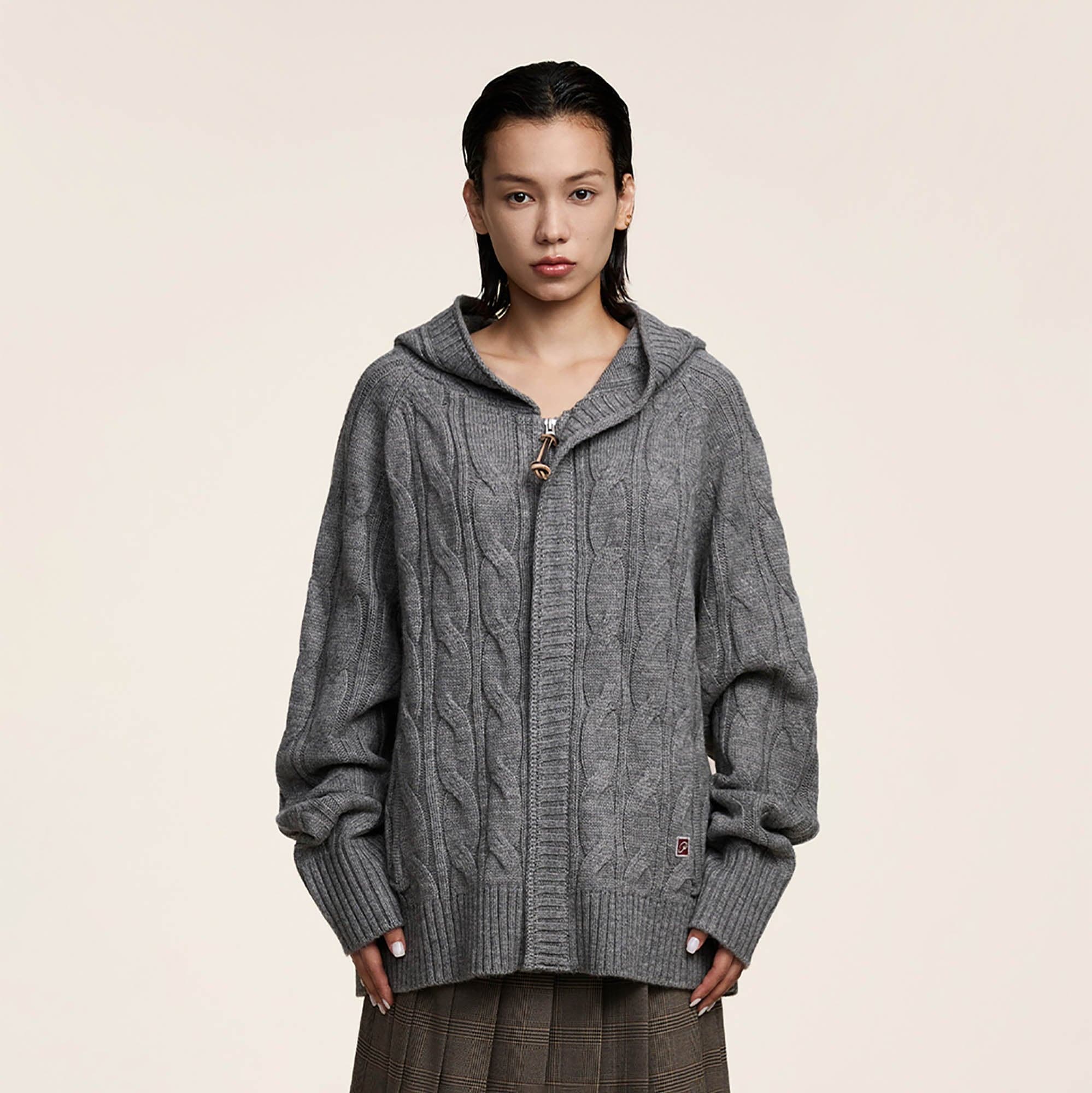 OPICLOTH Cable-Knit Zip-Up Hooded Cardigan-Jacket-XS-Grey-Free Shipping Leatheretro