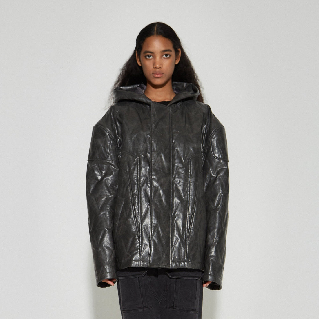VANN VALRENCE Diamond-Embossed Faux Leather Hooded Puffer-Jacket-S-Free Shipping Leatheretro