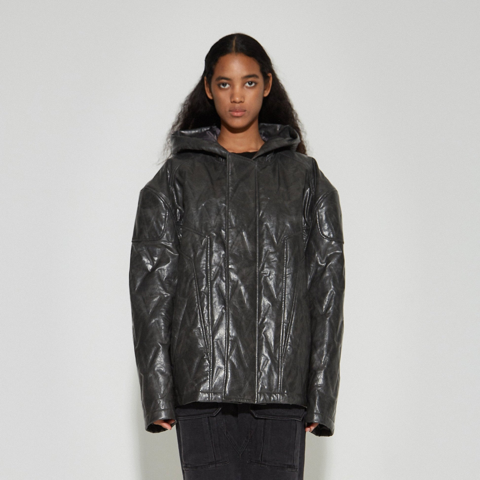 VANN VALRENCE Diamond-Embossed Faux Leather Hooded Puffer-Jacket-S-Free Shipping Leatheretro