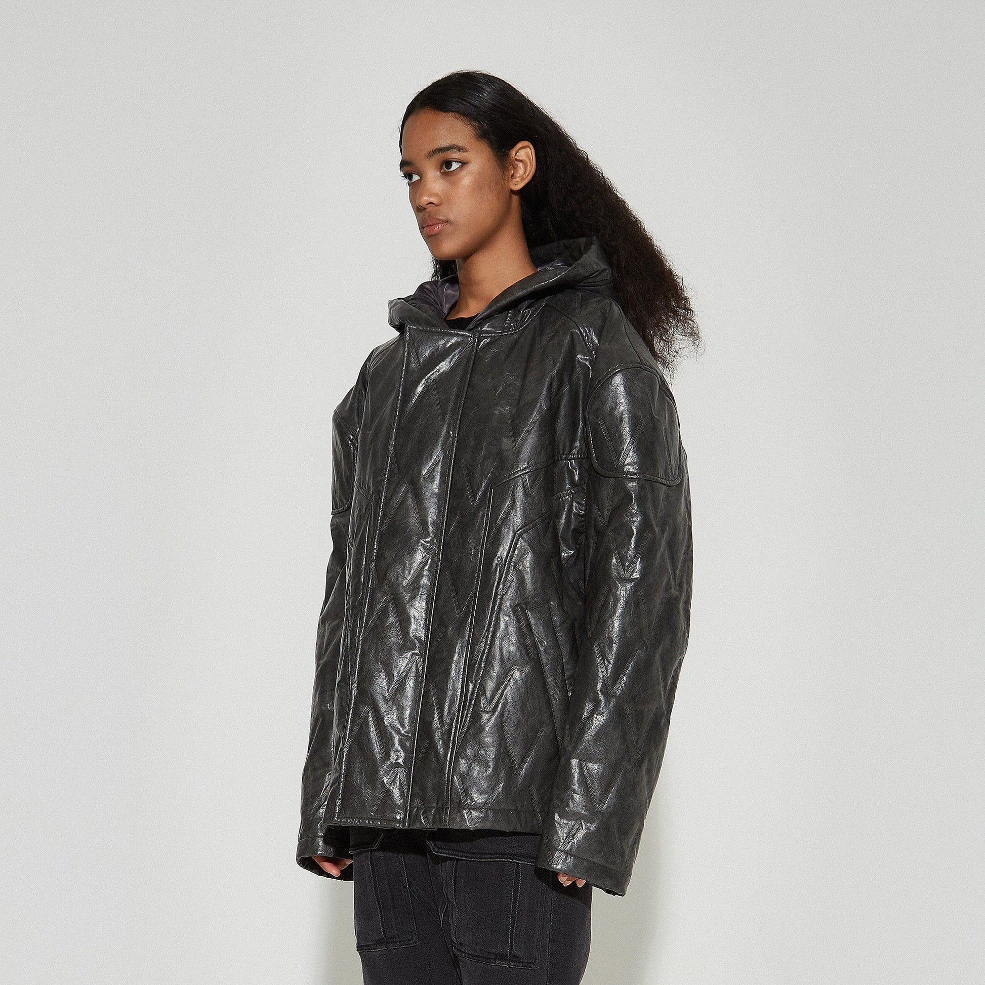 VANN VALRENCE Diamond-Embossed Faux Leather Hooded Puffer-Jacket-S-Free Shipping Leatheretro
