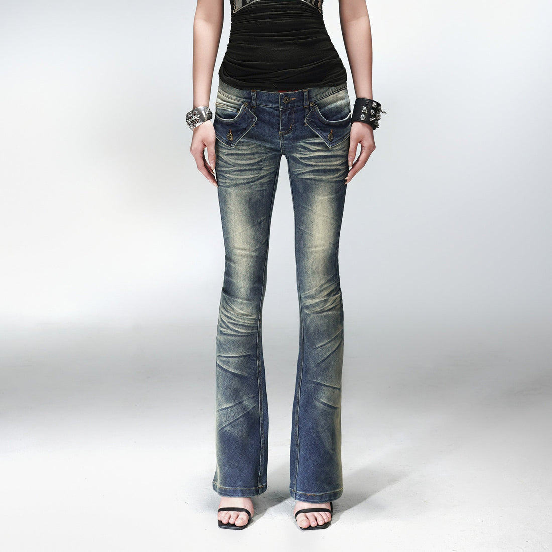 PCCVISION Washed Flap Pockets Slim Flared Jeans-Jeans-XS-Free Shipping Leatheretro