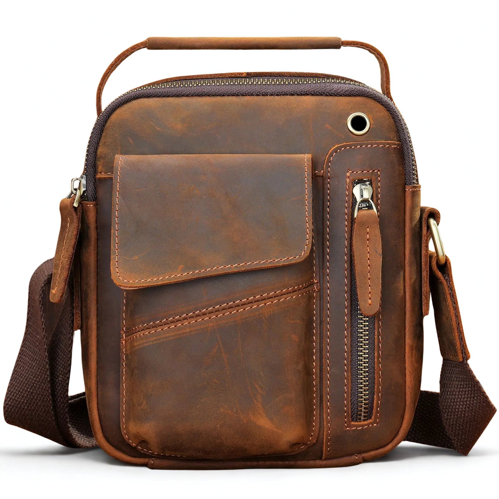 Men's Cowhide Casual Crossbody Bag - Large Capacity Leather Sling Bags-Crossbody Bag-6059Brown-Free Shipping Leatheretro