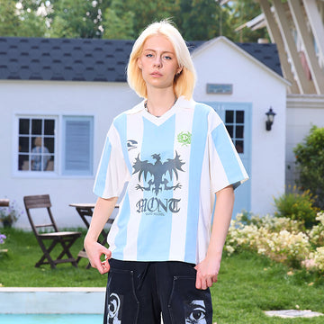 ERROR CODE ROBOT Athletic Striped Graphic V-Neck Jersey-T Shirt-S (Preorder)-Free Shipping Leatheretro