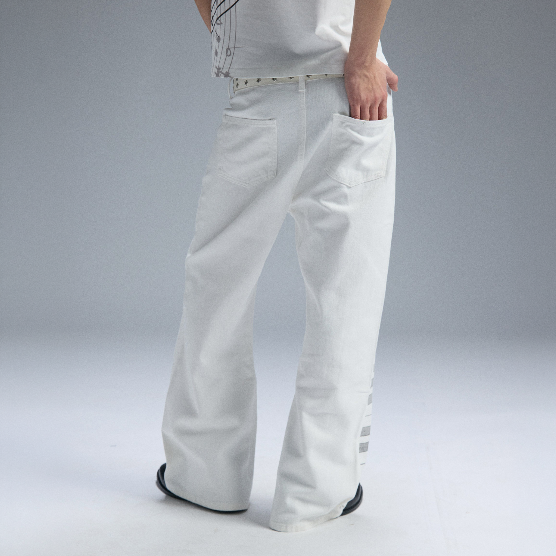 PAIKI Piano Key Script Foil Flared Jeans-Jeans-S / 31"-Black (Preorder)-Free Shipping Leatheretro