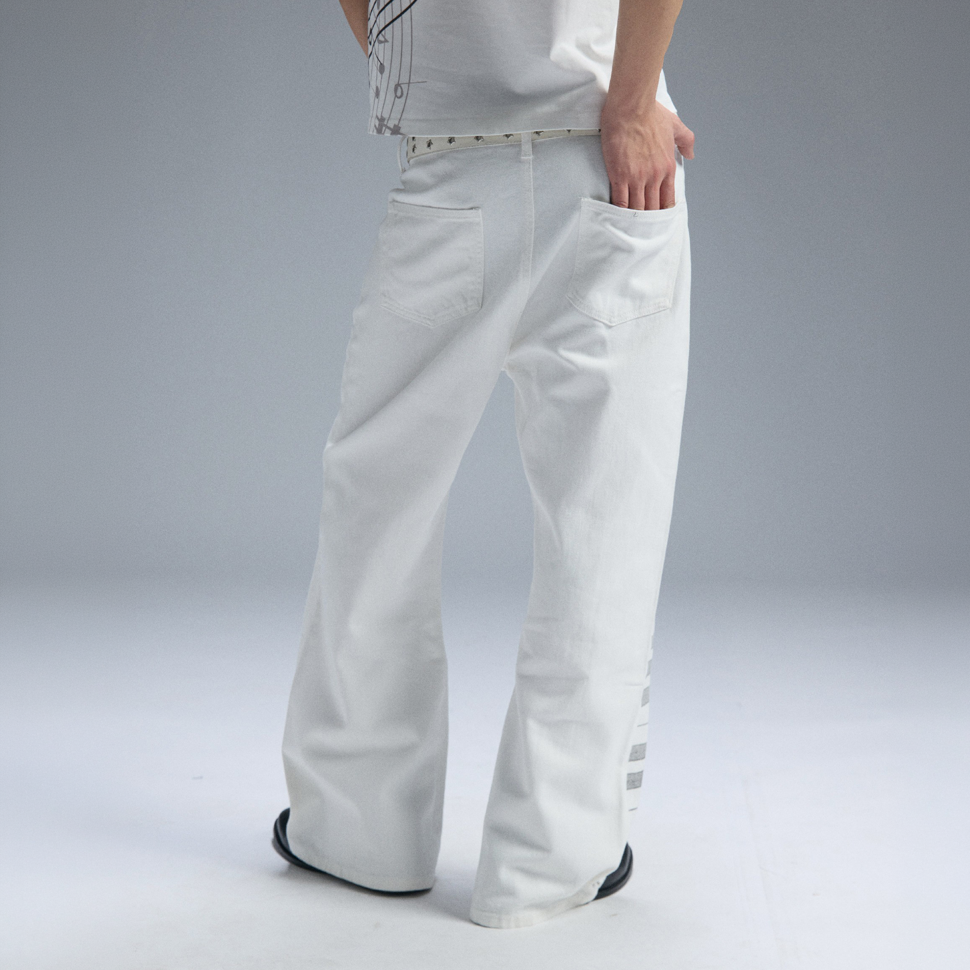 PAIKI Piano Key Script Foil Flared Jeans-Jeans-S / 31"-Black (Preorder)-Free Shipping Leatheretro