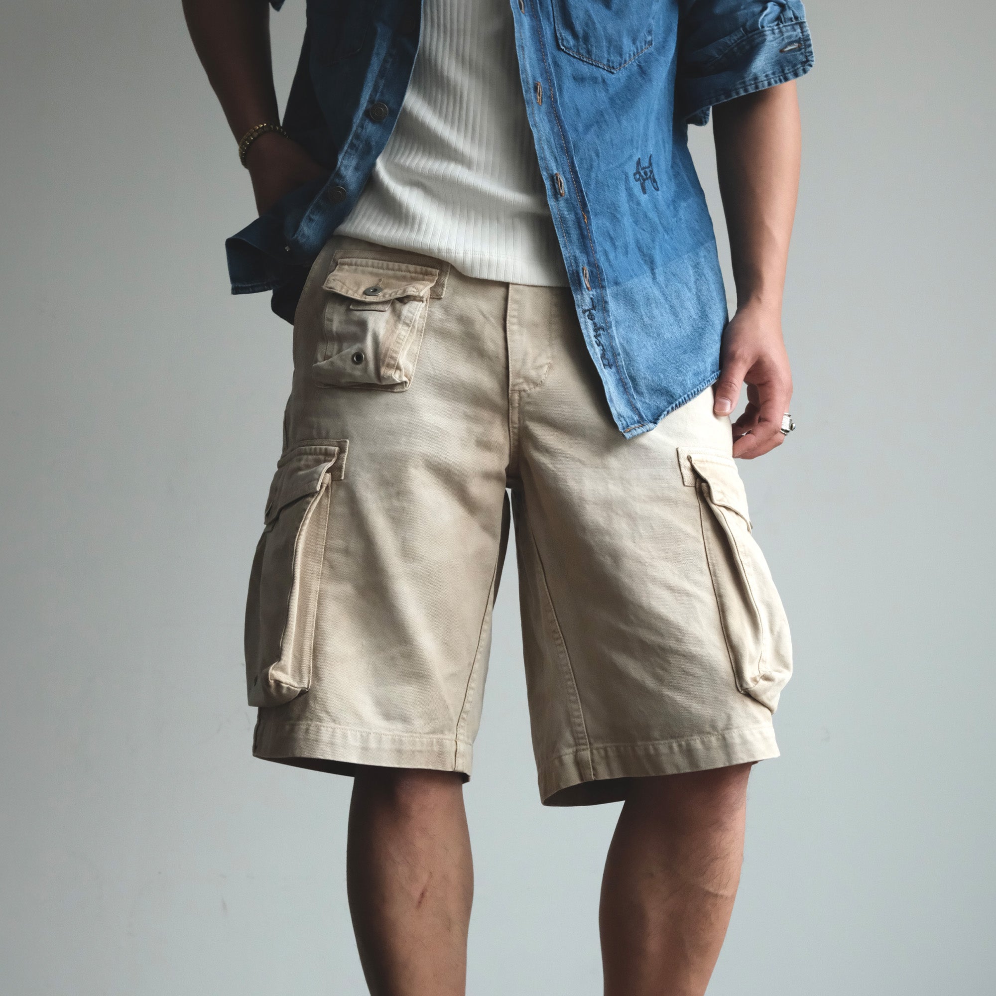 NEIGBORL Washed Sulfur-Dyed Multi-Pocket Cargo Shorts-Shorts-S-Khaki-Free Shipping Leatheretro