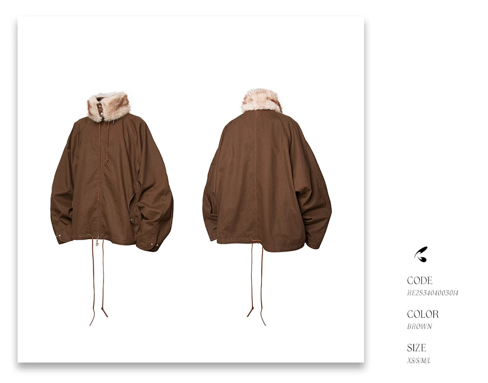 RELABEL Detachable Faux Fur Collar Two-Tone Batwing Sleeve Jacket-Brown-XS-Free Shipping Leatheretro