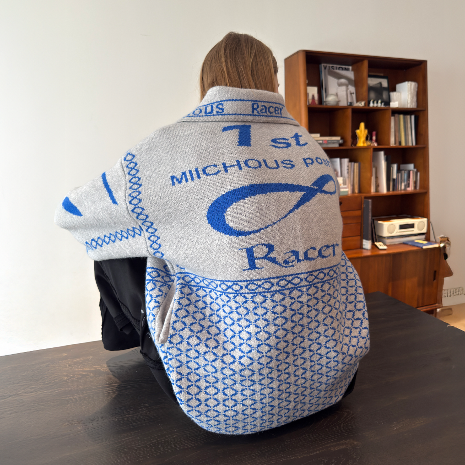 MIICHOUS Racer Geometric Jacquard Zip-Up Cardigan-Sweater-S-Light Gray-Free Shipping Leatheretro