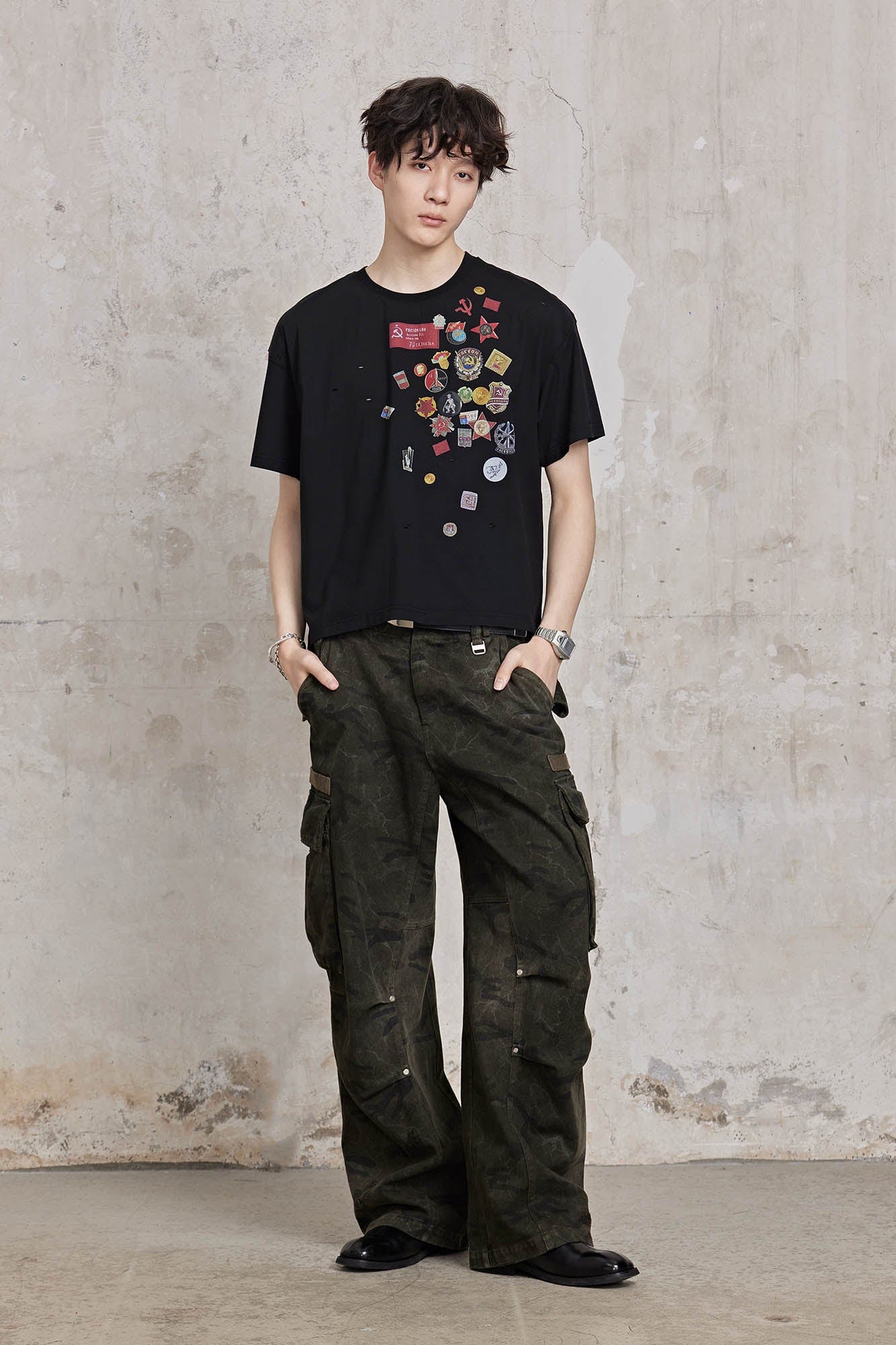 FACEONLAB Distressed Cracked Crinkled Multi-Pocket Military Cargo-Pants-M-Free Shipping Leatheretro