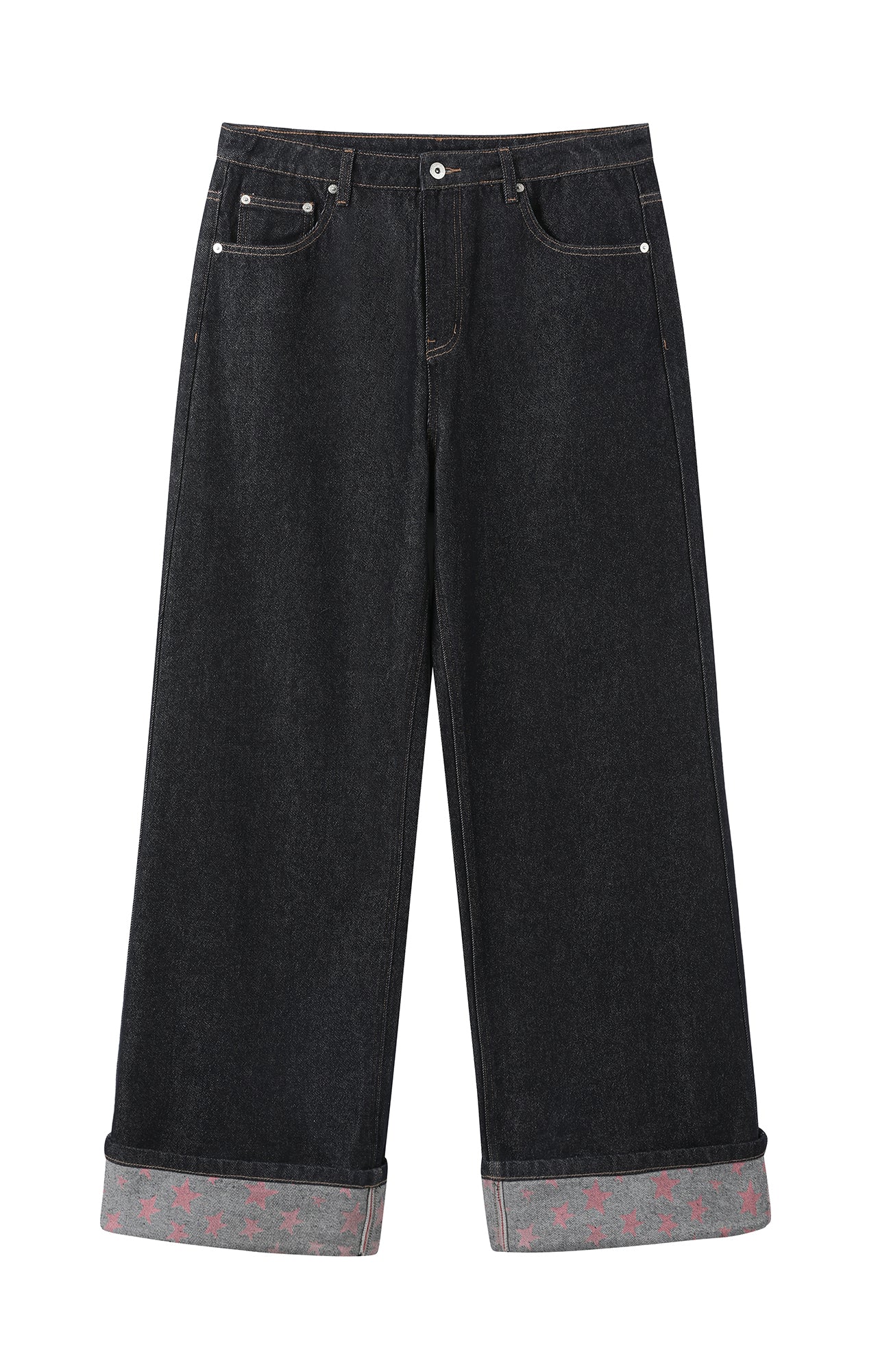 DONSMOKE Wide-Leg Star/ Leopard Cuffed Jeans-Pants-S (Preorder)-Black(Leopard)-Free Shipping Leatheretro