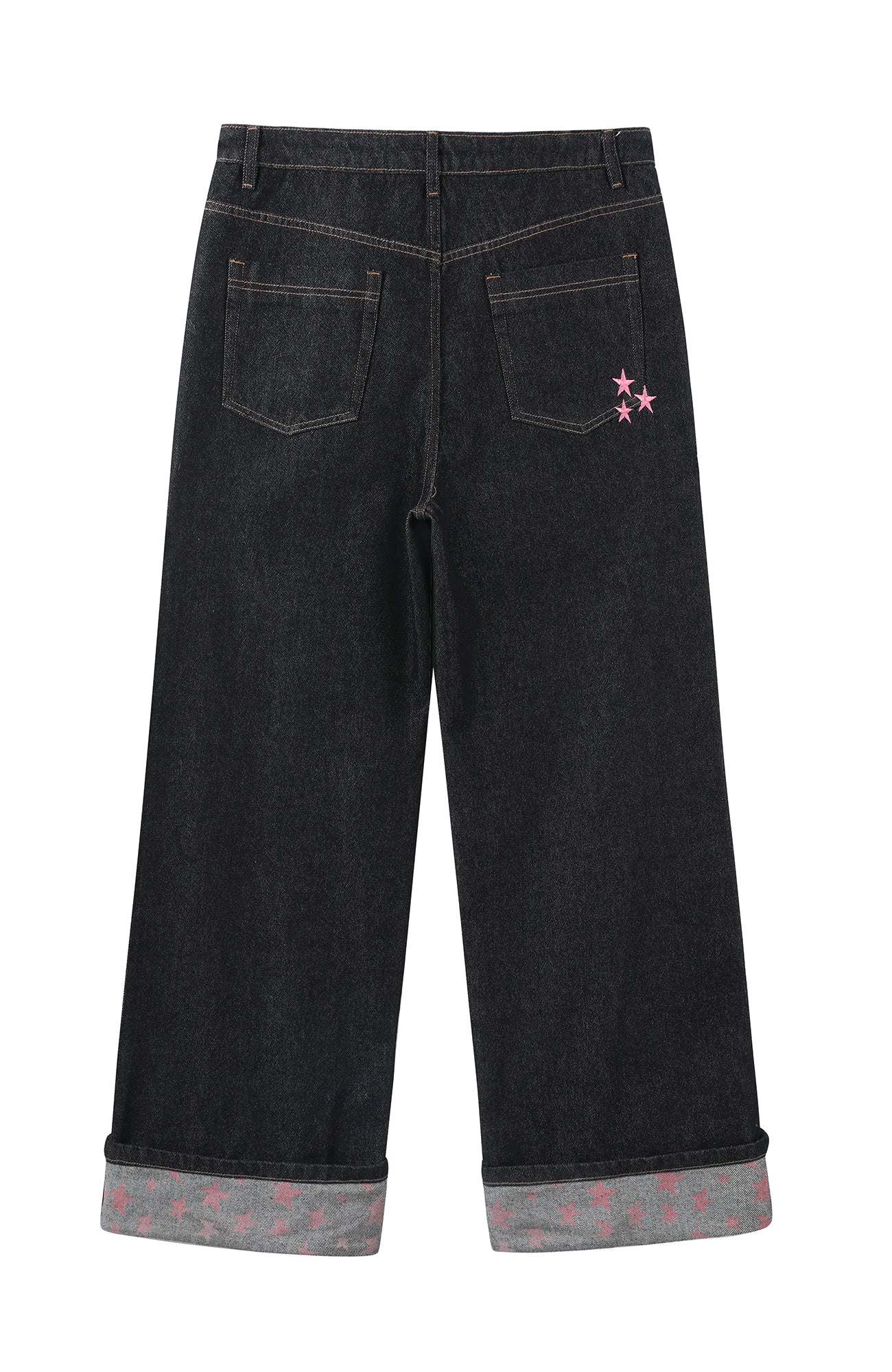 DONSMOKE Wide-Leg Star/ Leopard Cuffed Jeans-Pants-S (Preorder)-Black(Leopard)-Free Shipping Leatheretro