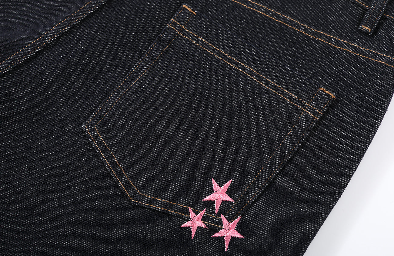 DONSMOKE Wide-Leg Star/ Leopard Cuffed Jeans-Pants-S (Preorder)-Black(Leopard)-Free Shipping Leatheretro