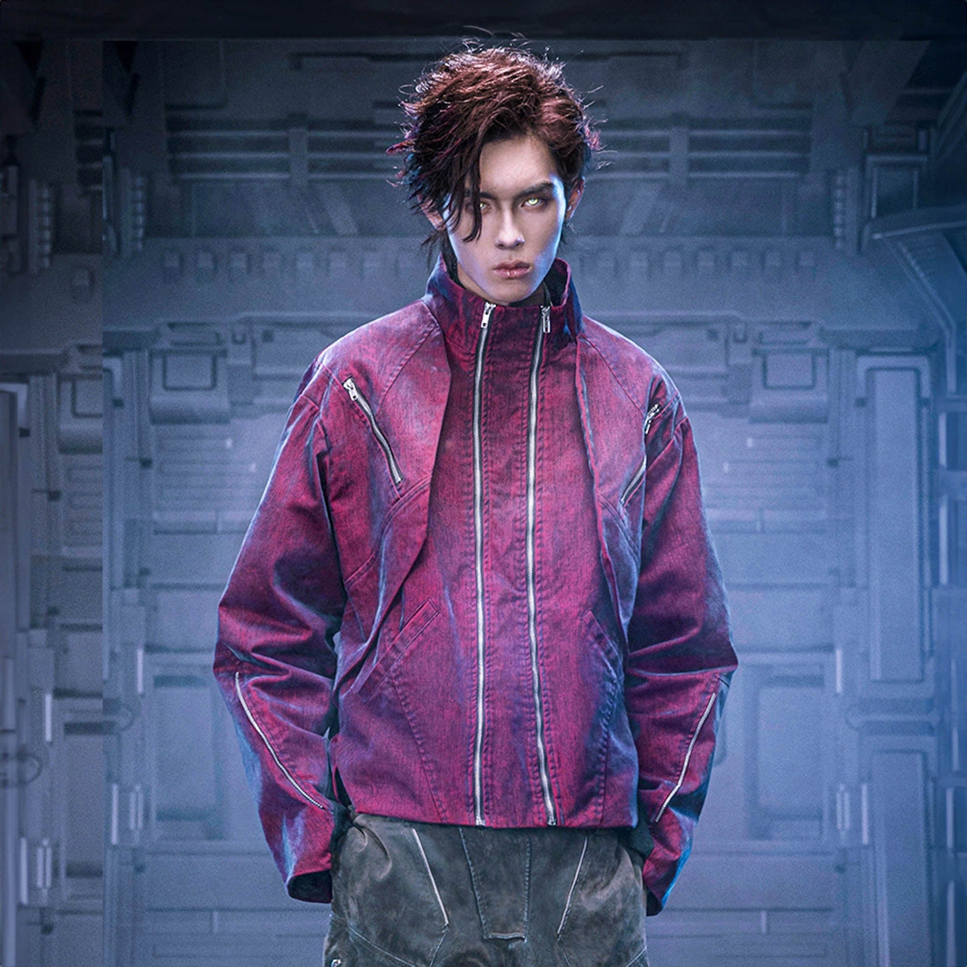 XIPHEVIL Mech Deconstructed Washed Denim Jacket Red-Jacket-XS-Free Shipping Leatheretro