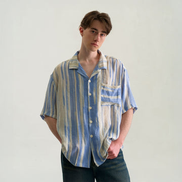 WIID Contrast Stripe Tencel Cuban Half Shirt-Half shirt-M-Free Shipping Leatheretro