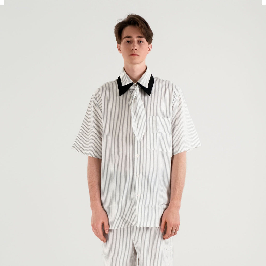WIID Striped Contrast-Collar Tie-Neck Half Shirt-Half shirt-M-Free Shipping Leatheretro