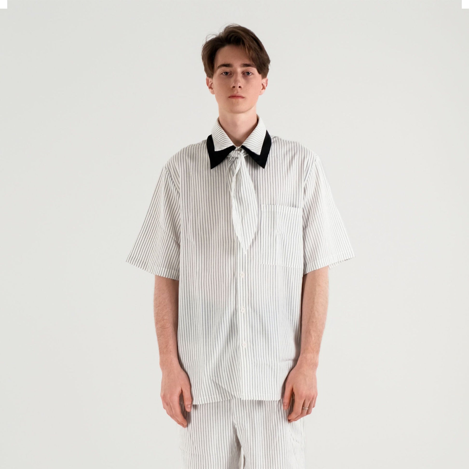 WIID Striped Contrast-Collar Tie-Neck Half Shirt-Half shirt-M-Free Shipping Leatheretro