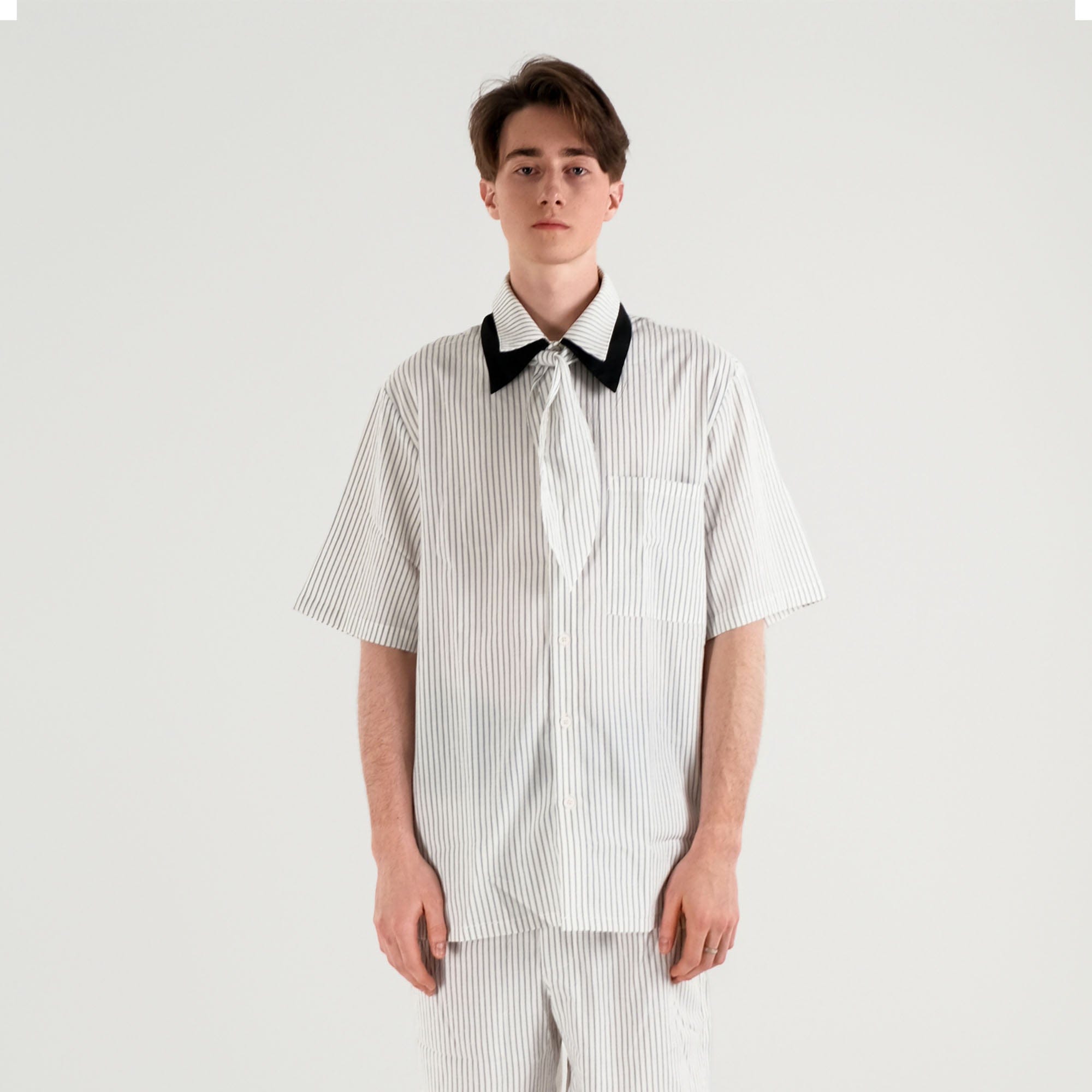 WIID Striped Contrast-Collar Tie-Neck Half Shirt-Half shirt-M-Free Shipping Leatheretro