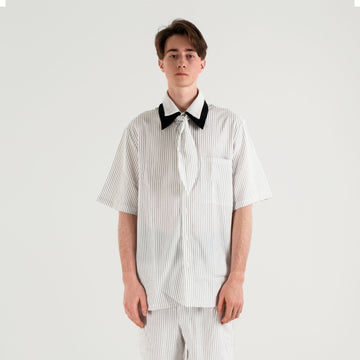 WIID Striped Contrast-Collar Tie-Neck Half Shirt-Half shirt-M-Free Shipping Leatheretro