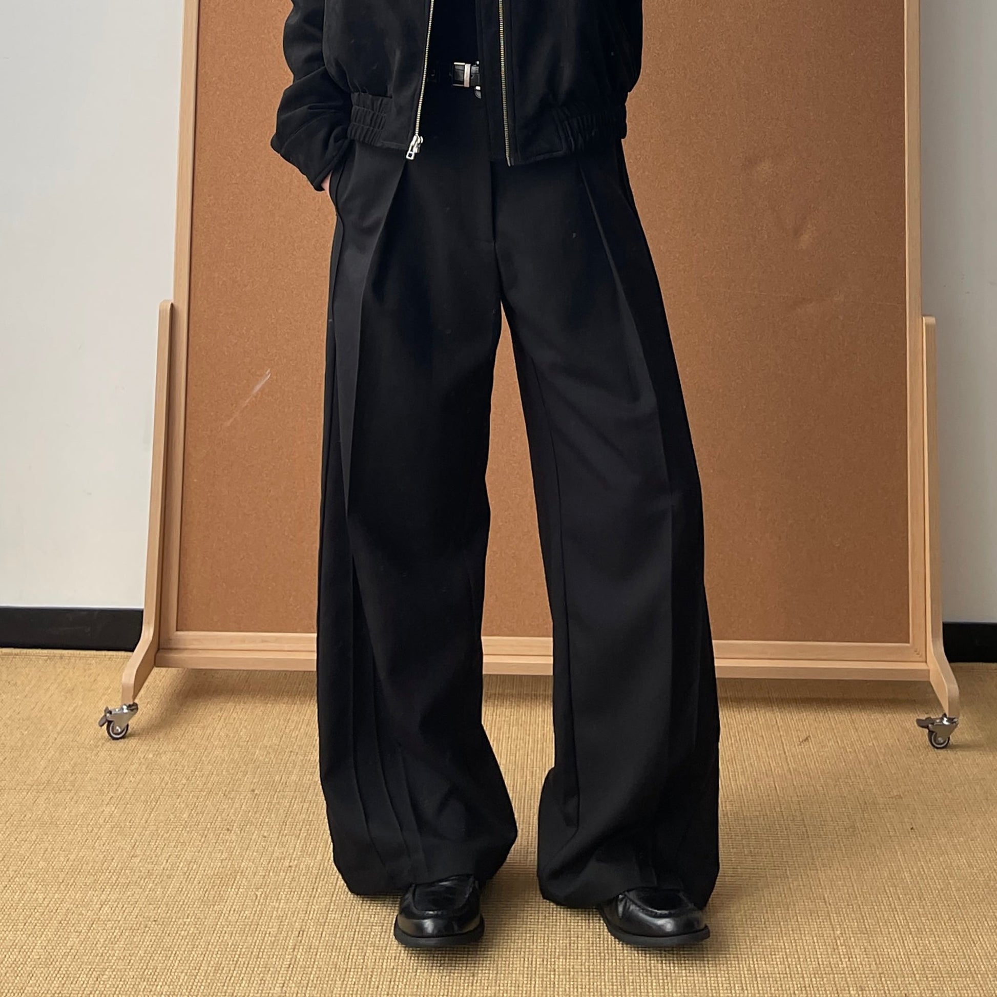 OKAYTHXBYE Essential Pleated Wide-Leg Trousers-Pants-S-Black-Free Shipping Leatheretro