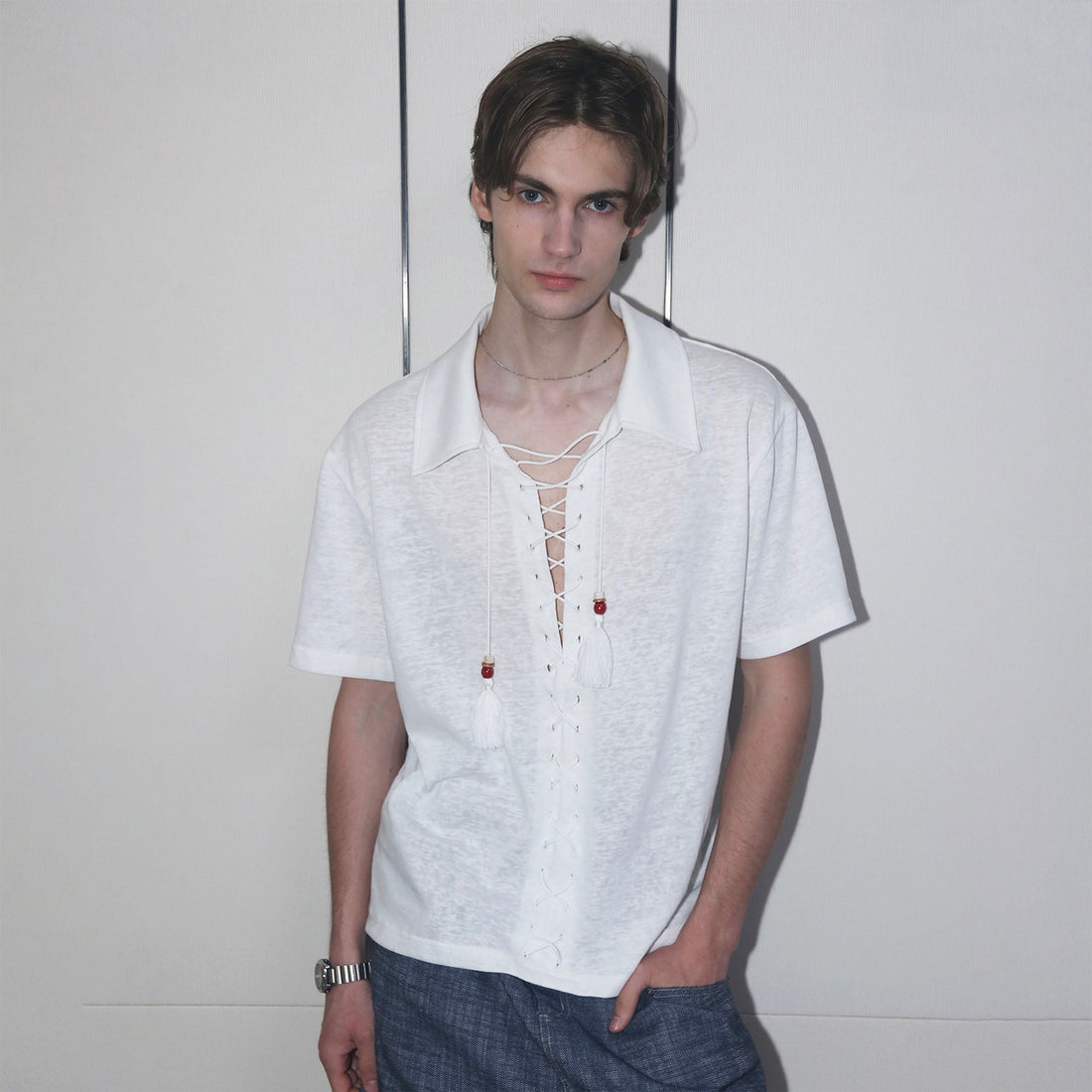 ASSEEN Tassel Lace-Up Short-Sleeve Polo Tee-T Shirt-S-Free Shipping Leatheretro