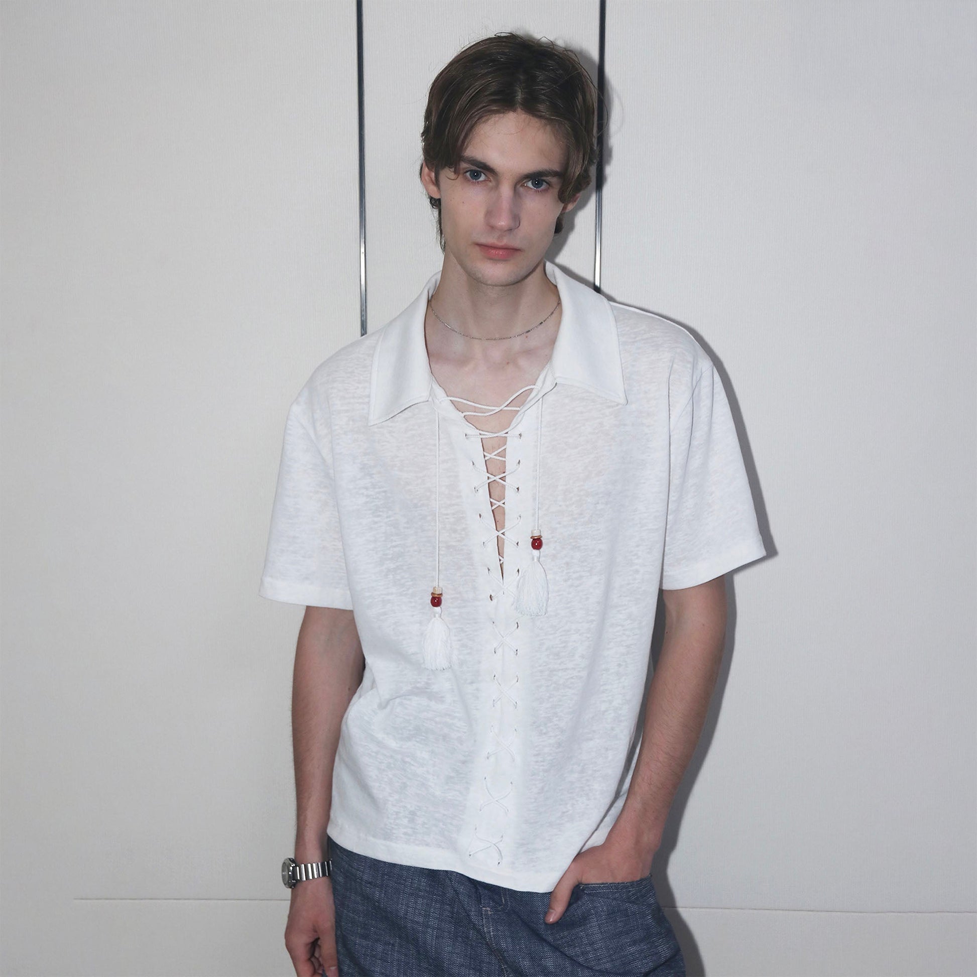 ASSEEN Tassel Lace-Up Short-Sleeve Polo Tee-T Shirt-S-Free Shipping Leatheretro